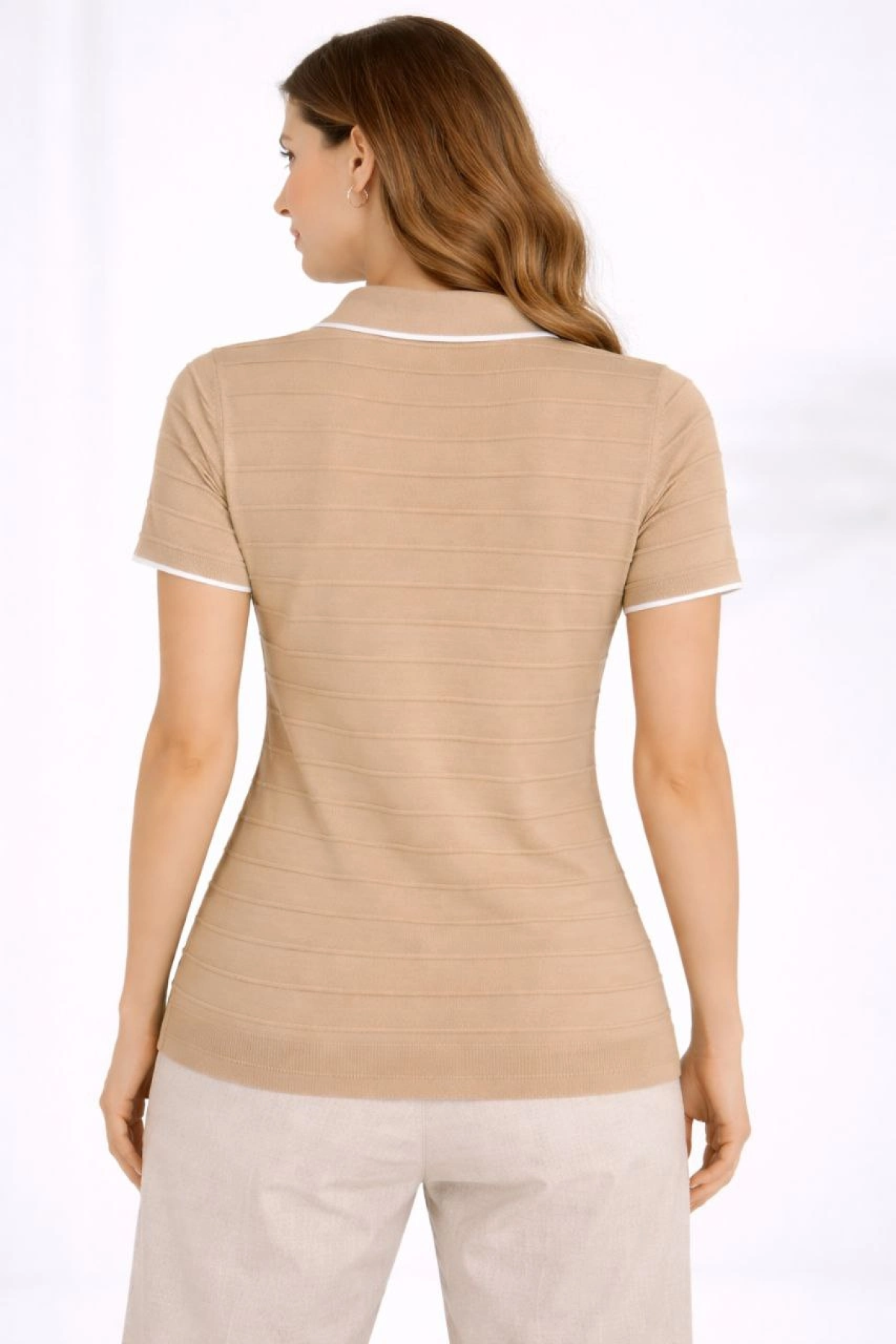 Bej Kadın Polo Yaka Fitilli Triko Tişört - Regular Fit Kısa Kollu Örme Bluz