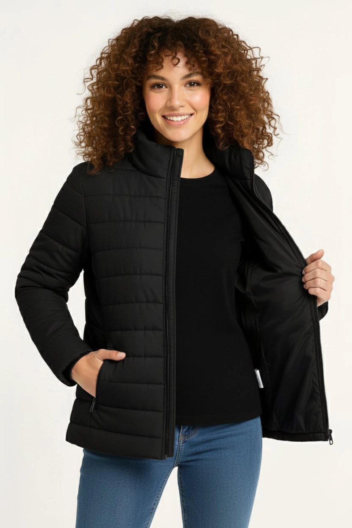 Kadın Mikro Su İtici Kapitone Baskılı Astarlı Fermuarlı Bomber Mont - Siyah