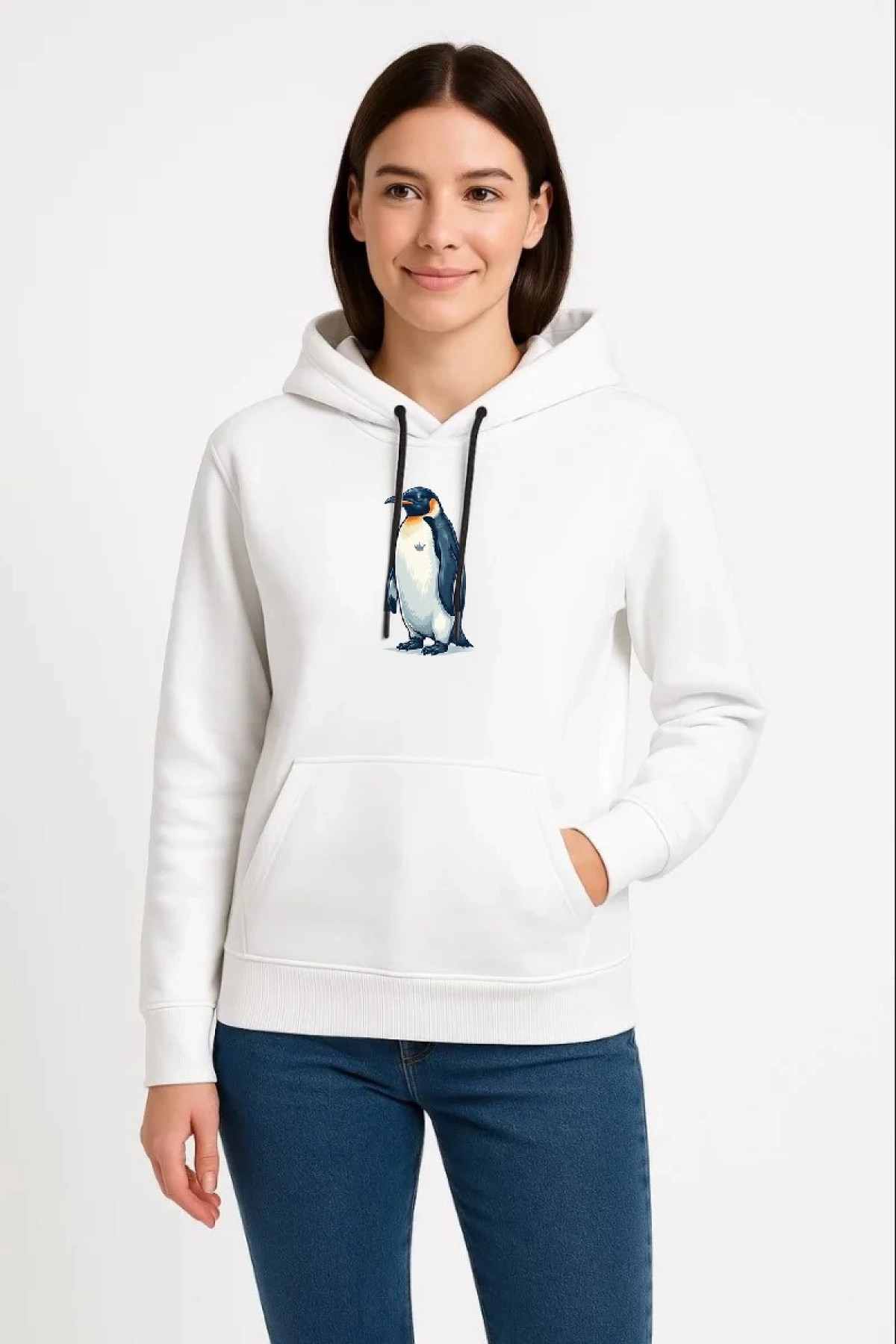 Kadın Oversize Hoodie - Sırt Baskılı Survivor Penguin Temalı, Felsefi Yazılı Kapüşonlu Sweatshirt - Beyaz