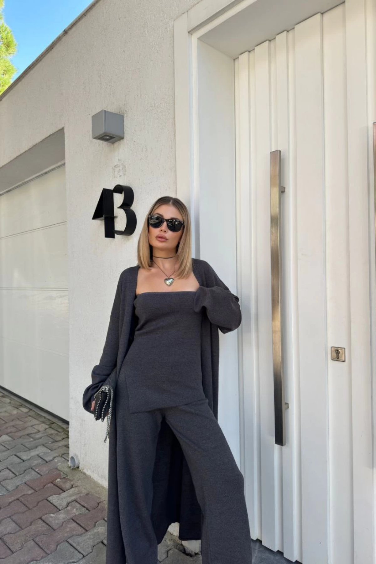 Kadın Triko 3 Parça Takım Straplez Üst Pantolon Uzun Hırka - Füme