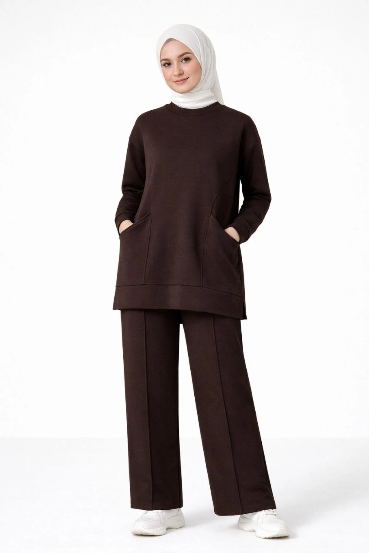 Osy Modal yumuşak dokulu Kumaş Tesettür Cepli Tunik Pantolon Takım - Kahverengi