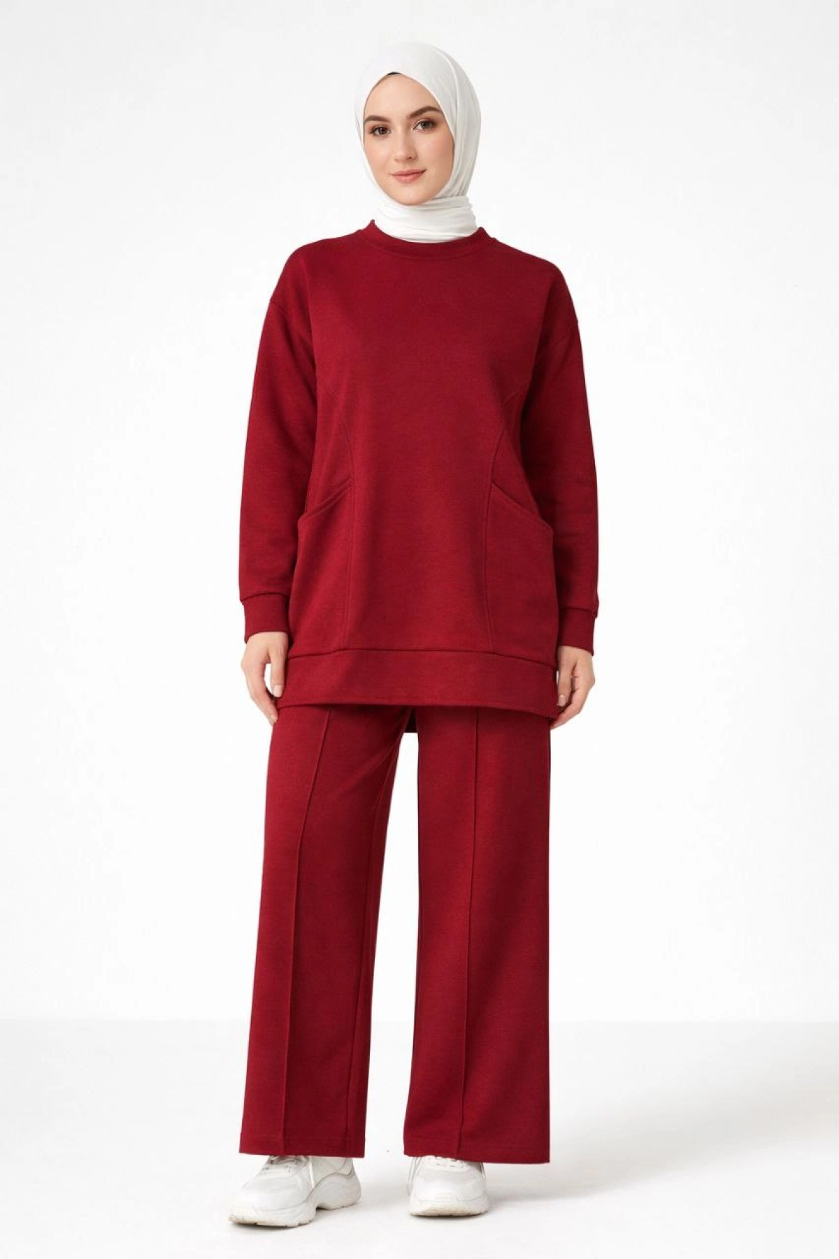 Osy Modal yumuşak dokulu Kumaş Tesettür Cepli Tunik Pantolon Takım - Bordo