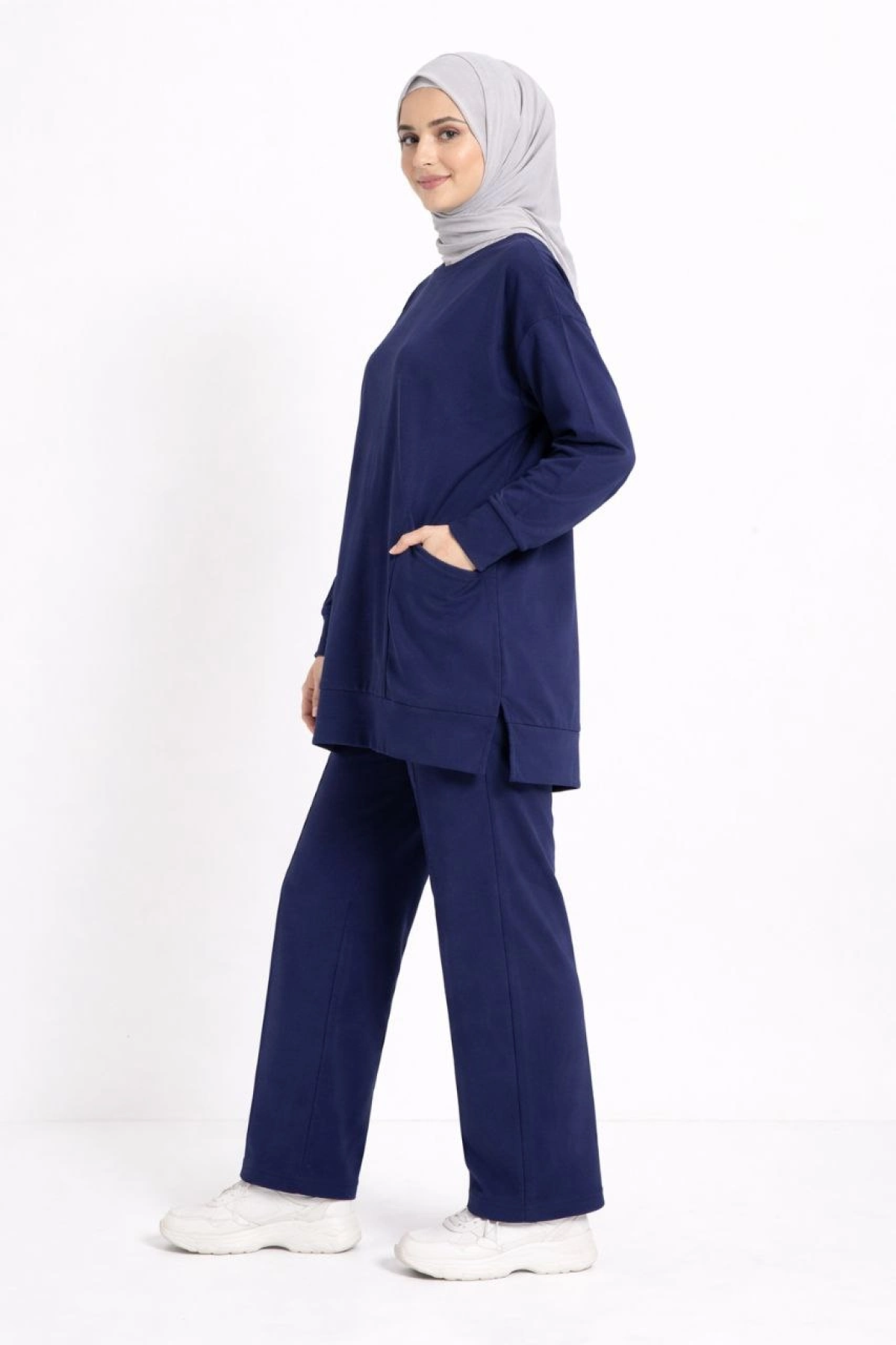 Osy Modal yumuşak dokulu Kumaş Tesettür Cepli Tunik Pantolon Takım - Lacivert