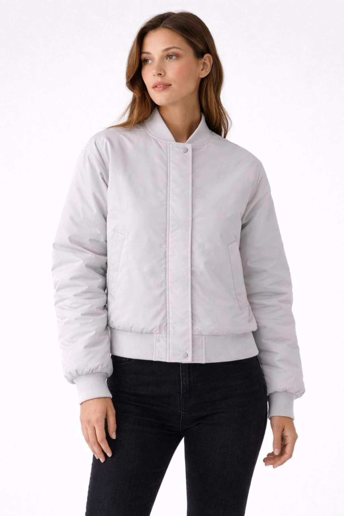 Kadın Premium Bomber Ceket Çıtçıt Kapamalı, Ribana Manşetli, Astarlı, Regular Fit Mont - Beyaz