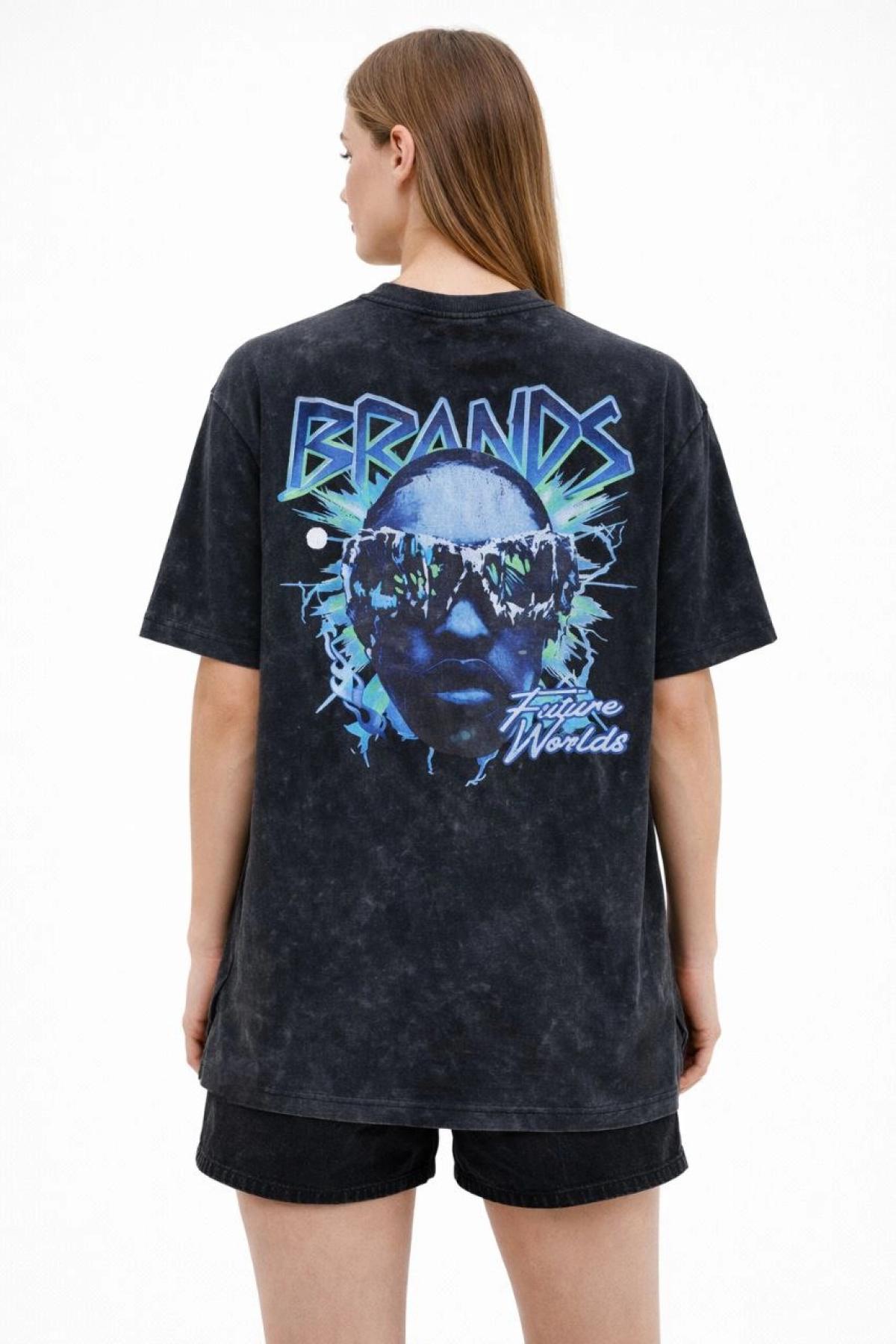 Kadın Asit Yıkamalı Oversize Tişört - Siyah