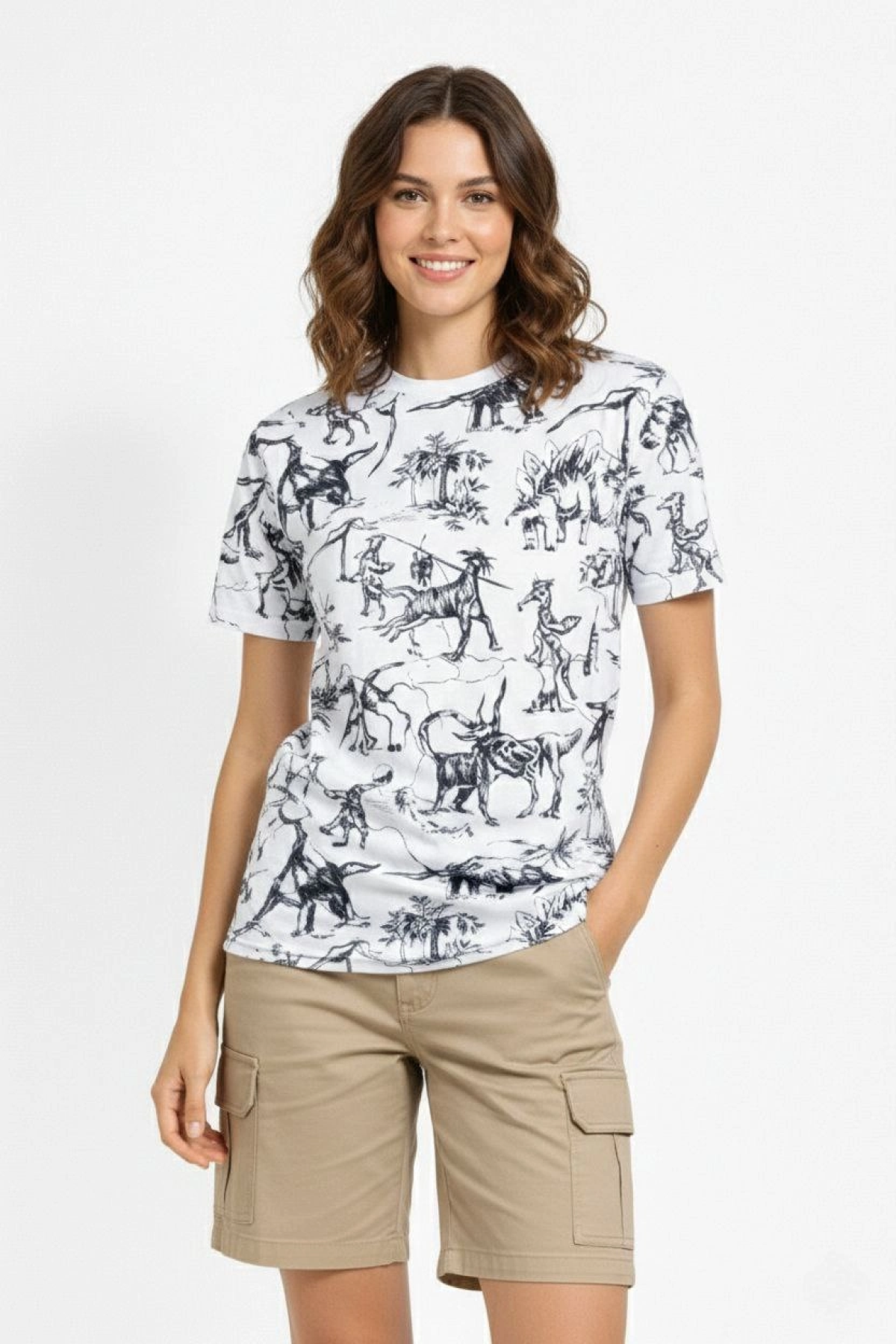 Kadın Beyaz Dinozor Desenli Tişört – Regular Kalıp, Bisiklet Yaka, Dijital Baskılı Pamuklu T-Shirt - Beyaz