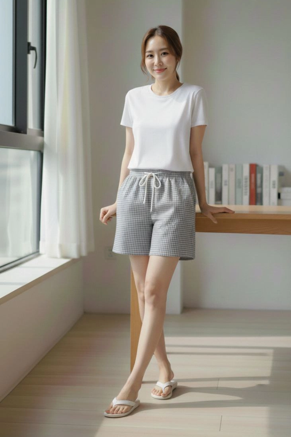 Kadın Pötikareli Şort – Beli Lastikli Bağcıklı, Cepli, Rahat Kesim Günlük Yazlık Şort - Füme