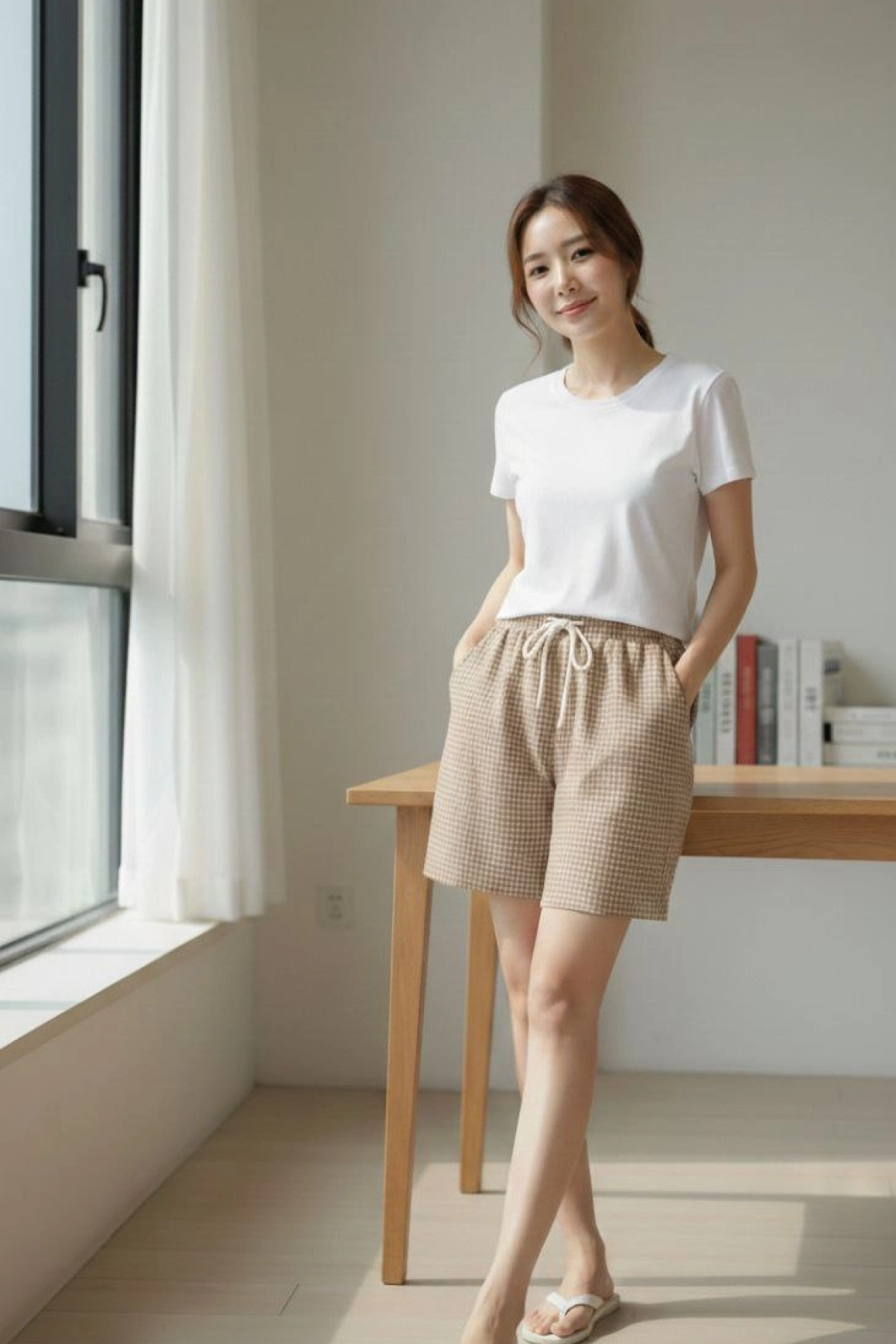 Kadın Pötikareli Şort – Beli Lastikli Bağcıklı, Cepli, Rahat Kesim Günlük Yazlık Şort - Bej