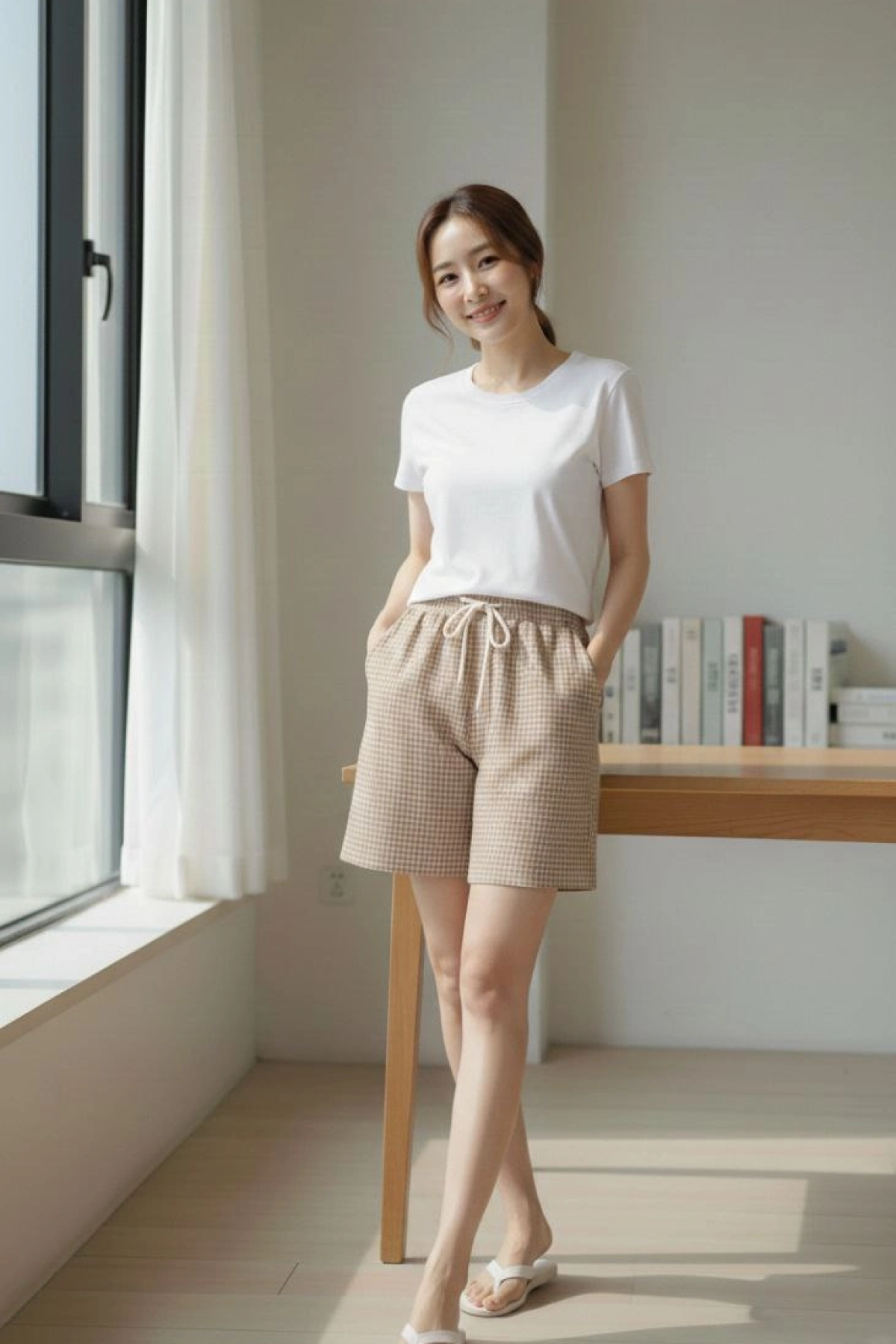 Kadın Pötikareli Şort – Beli Lastikli Bağcıklı, Cepli, Rahat Kesim Günlük Yazlık Şort - Bej