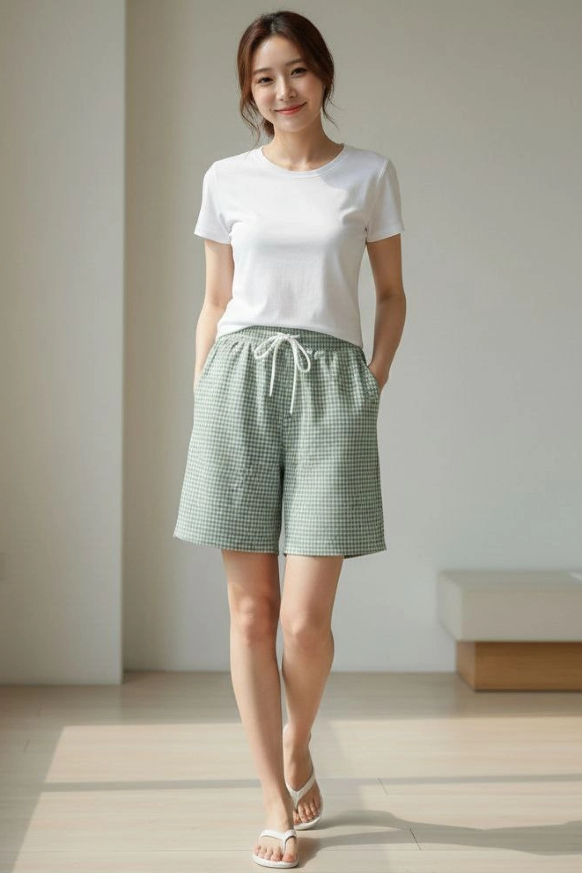 Kadın Pötikareli Şort – Beli Lastikli Bağcıklı, Cepli, Rahat Kesim Günlük Yazlık Şort - Mint Yeşili