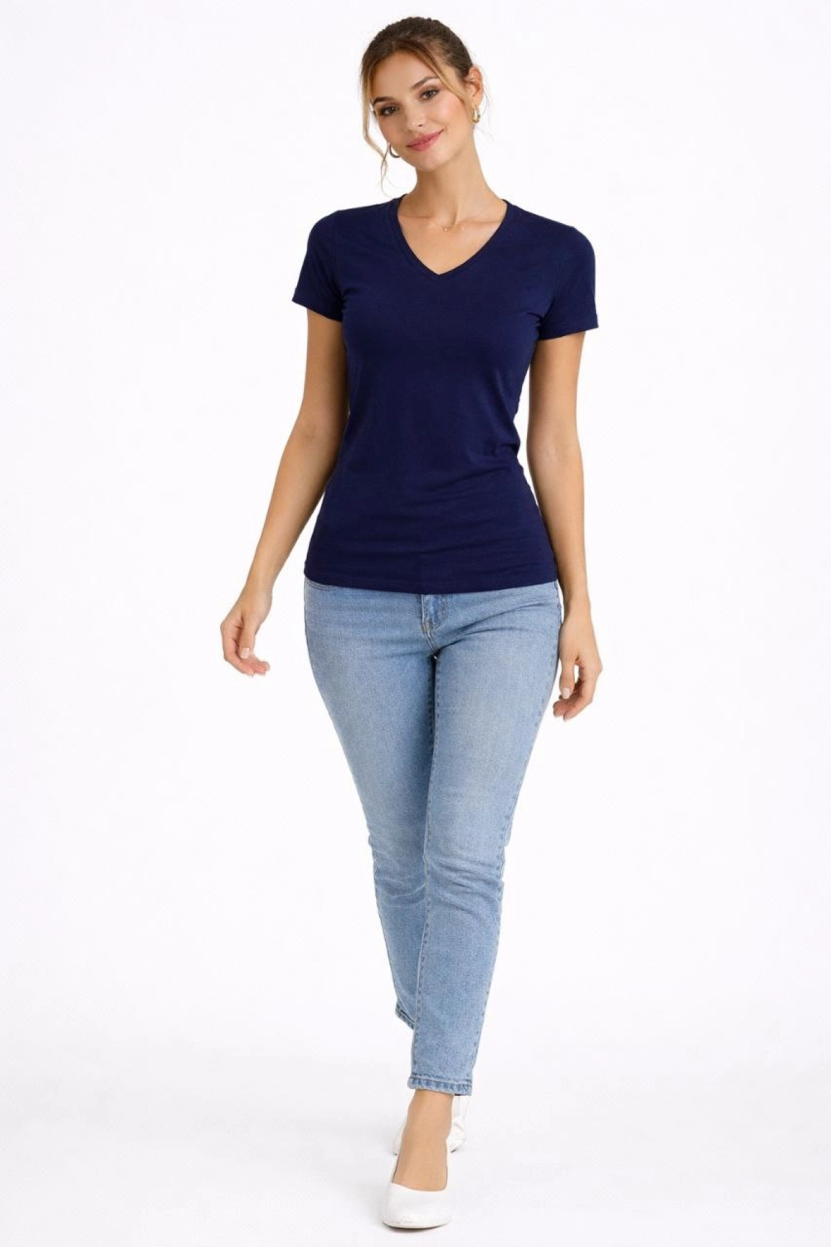 Kadın T-Shirt V Yaka Slim Fit Likralı Tişört Günlük Basic Body - Lacivert