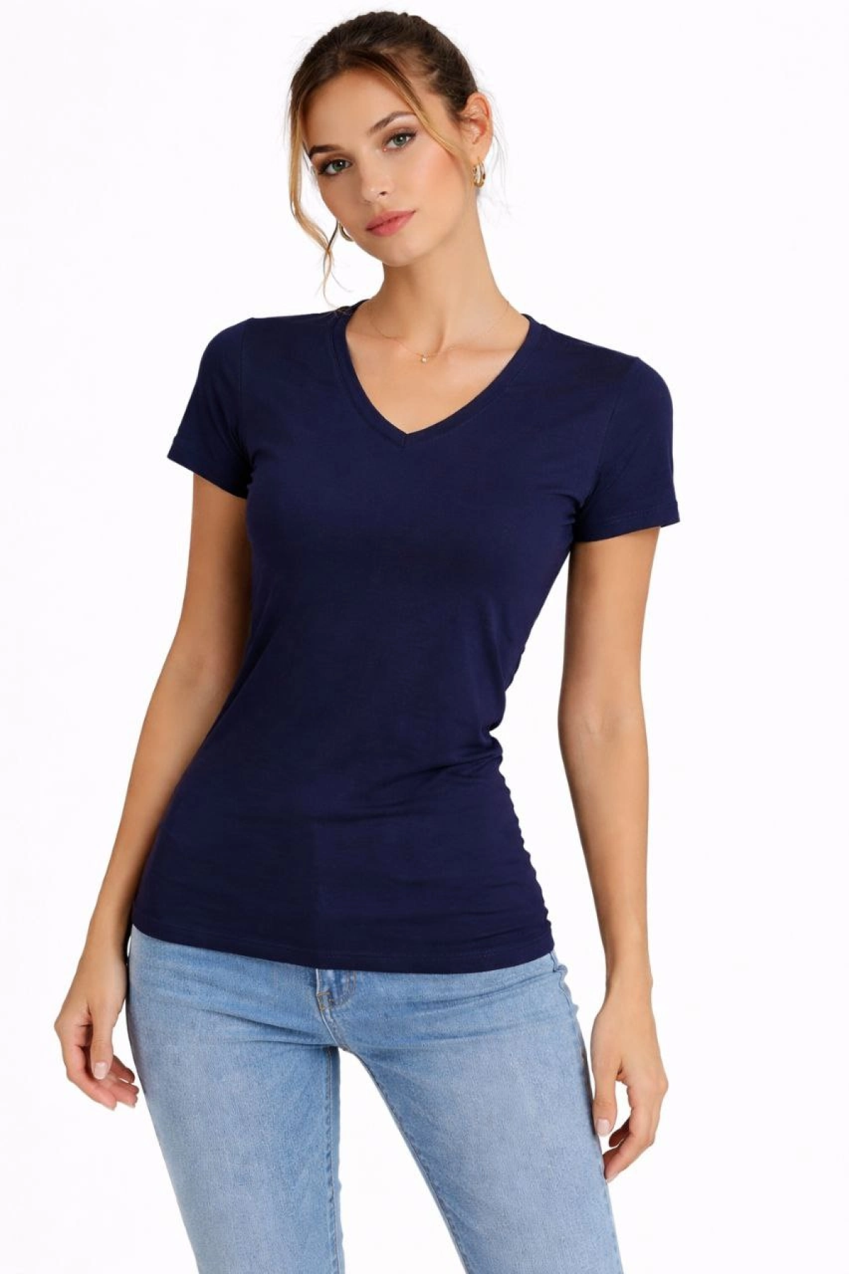 Kadın T-Shirt V Yaka Slim Fit Likralı Tişört Günlük Basic Body - Lacivert