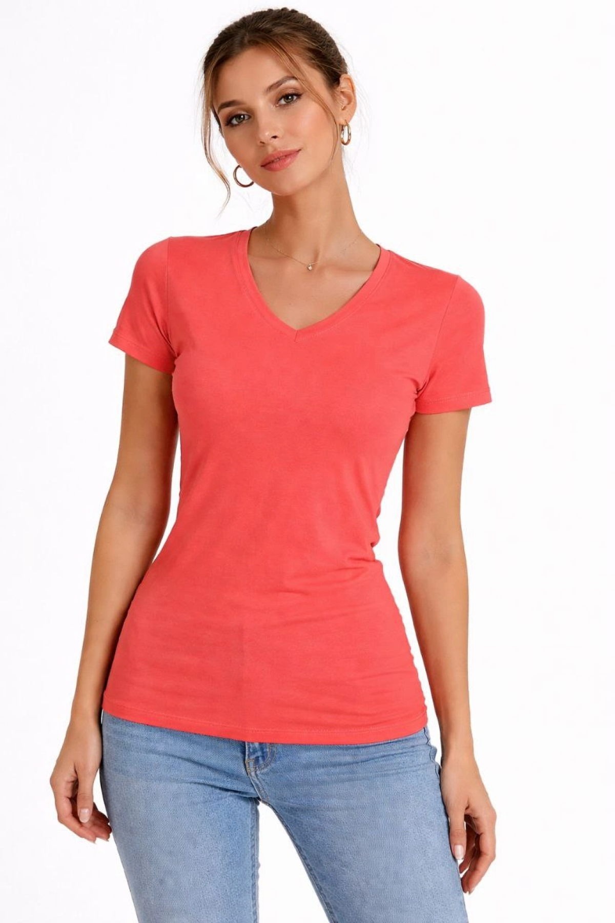 Kadın T-Shirt V Yaka Slim Fit Likralı Tişört Günlük Basic Body - Nar Çiçeği