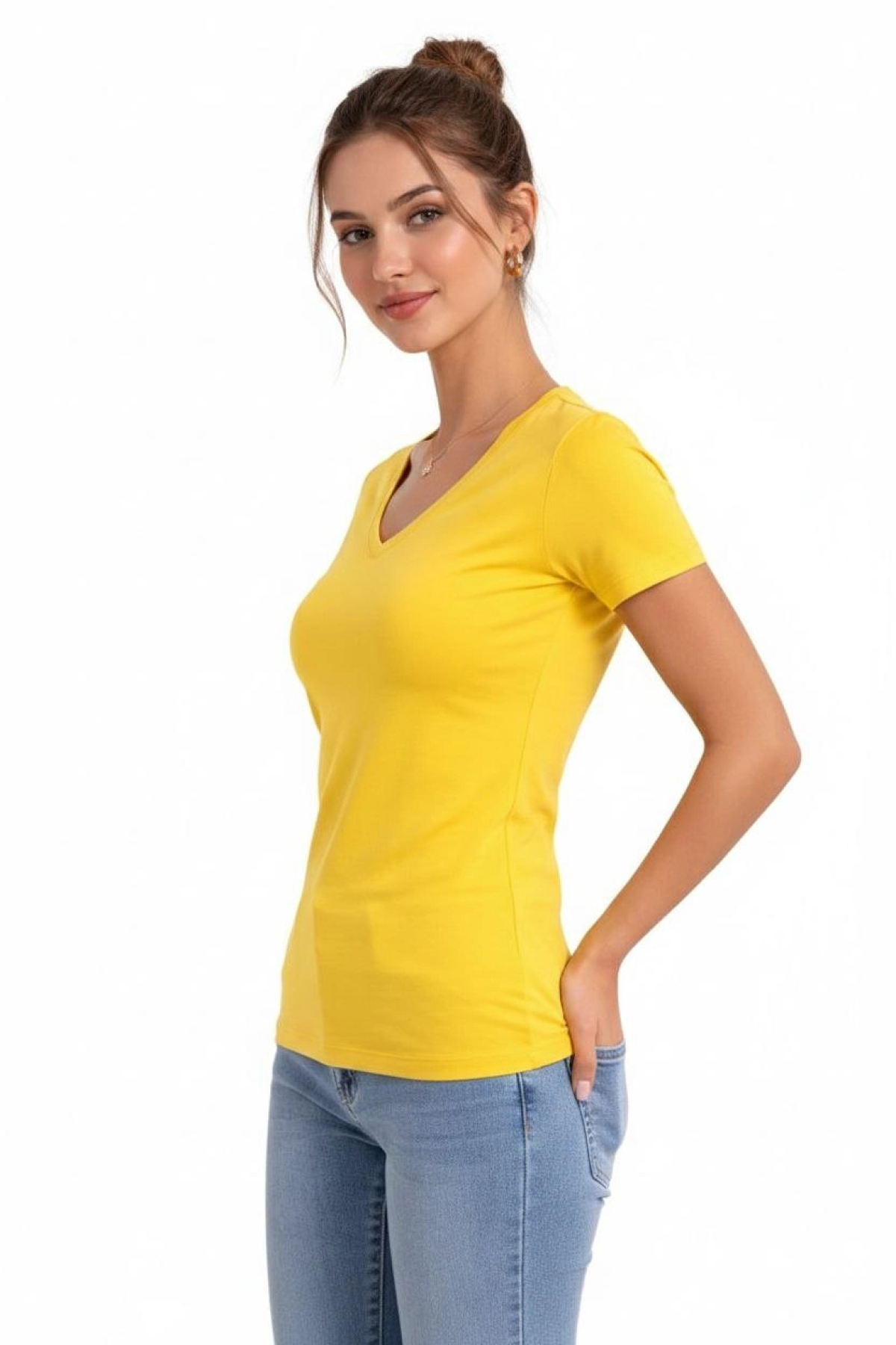 Kadın T-Shirt V Yaka Slim Fit Likralı Tişört Günlük Basic Body - Sarı