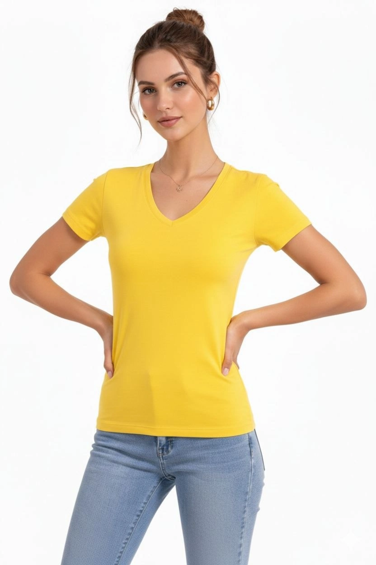 Kadın T-Shirt V Yaka Slim Fit Likralı Tişört Günlük Basic Body - Sarı