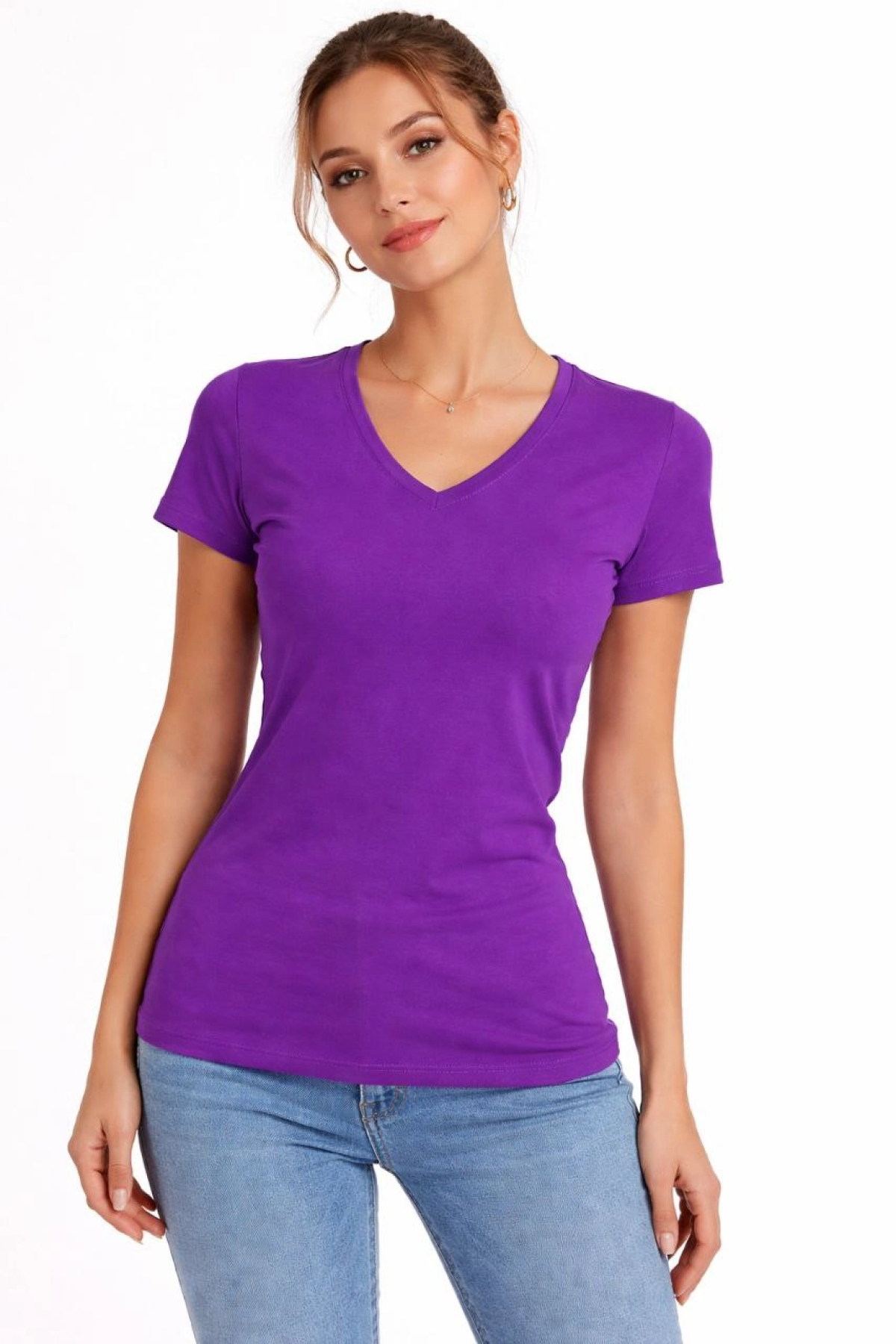 Kadın T-Shirt V Yaka Slim Fit Likralı Tişört Günlük Basic Body - Mor