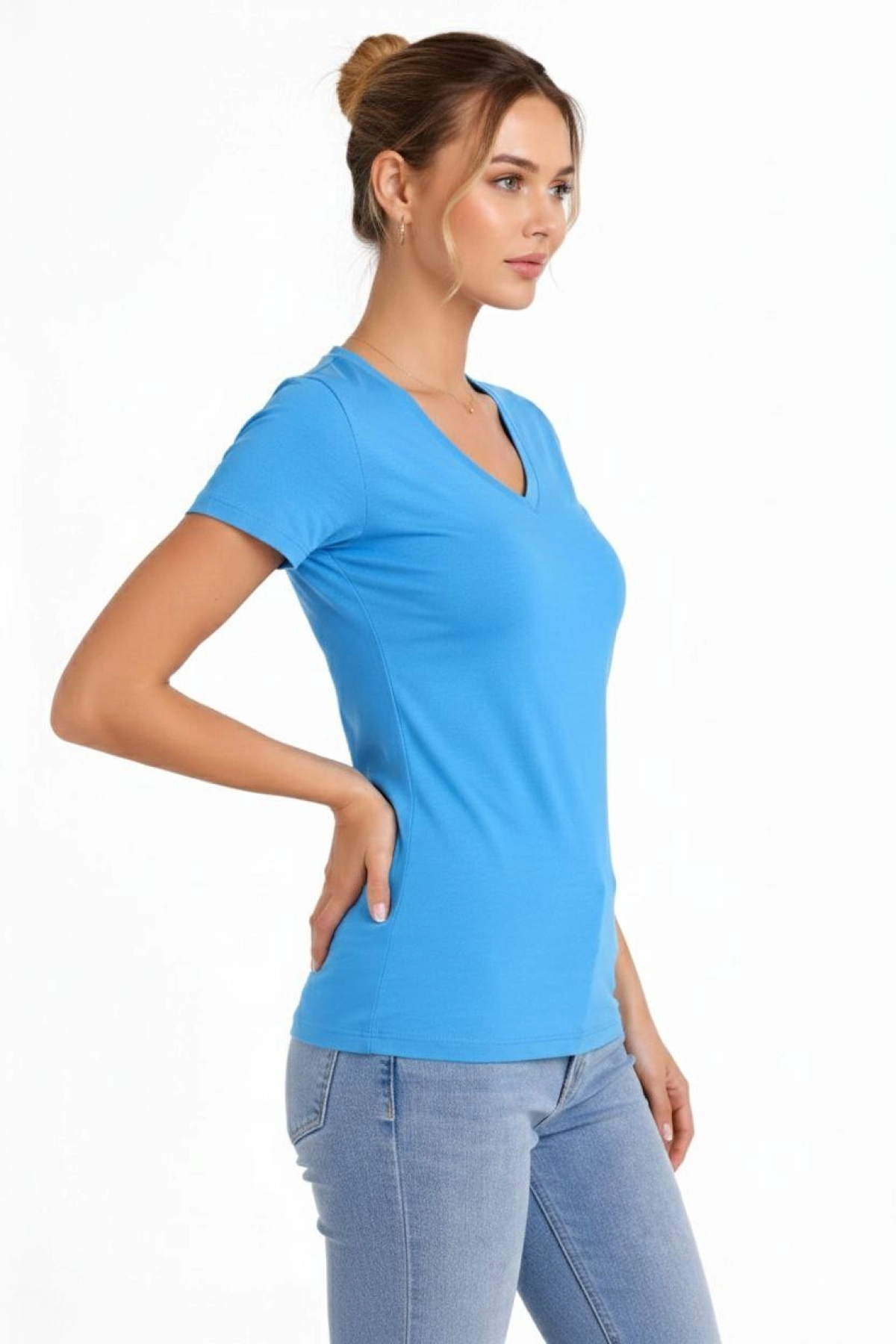 Kadın T-Shirt V Yaka Slim Fit Likralı Tişört Günlük Basic Body - Açık Mavi