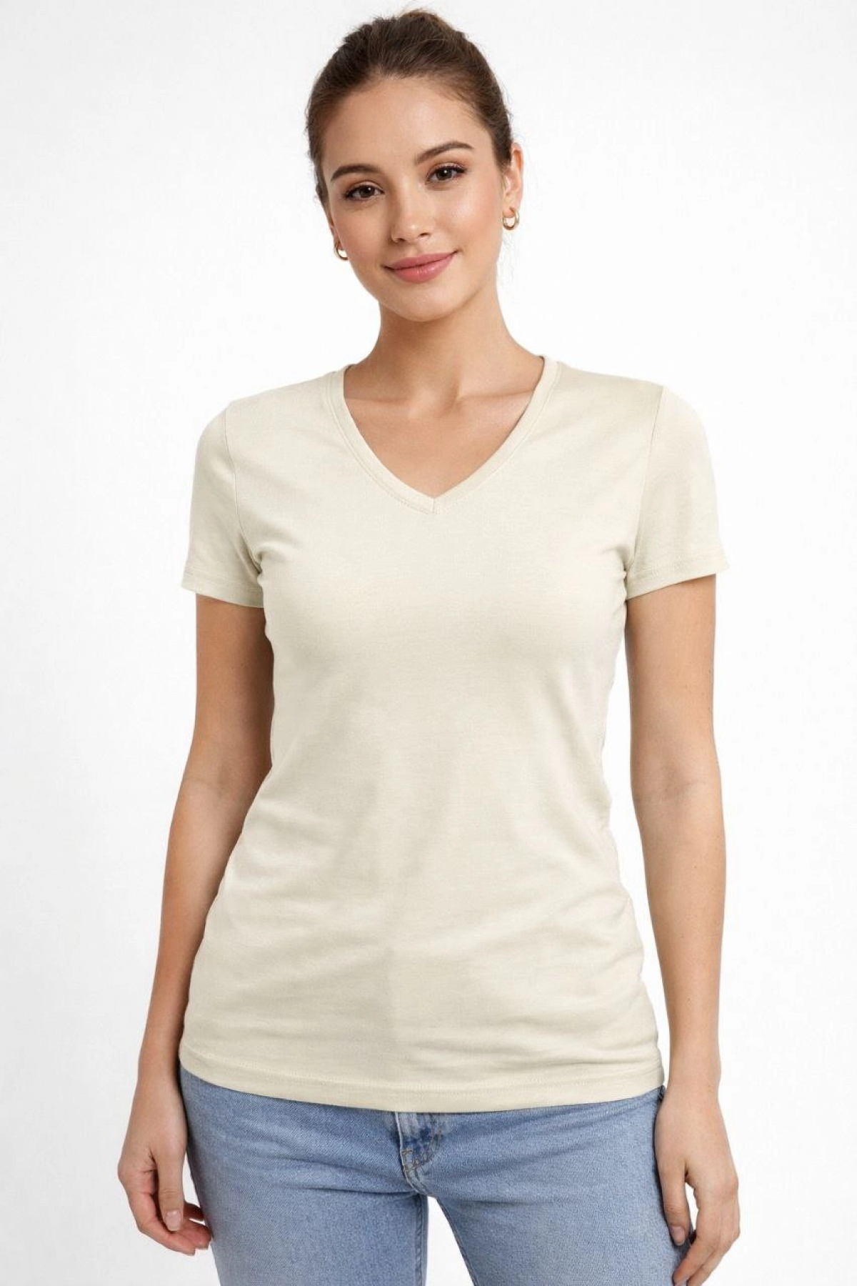 Kadın T-Shirt V Yaka Slim Fit Likralı Tişört Günlük Basic Body - Taş