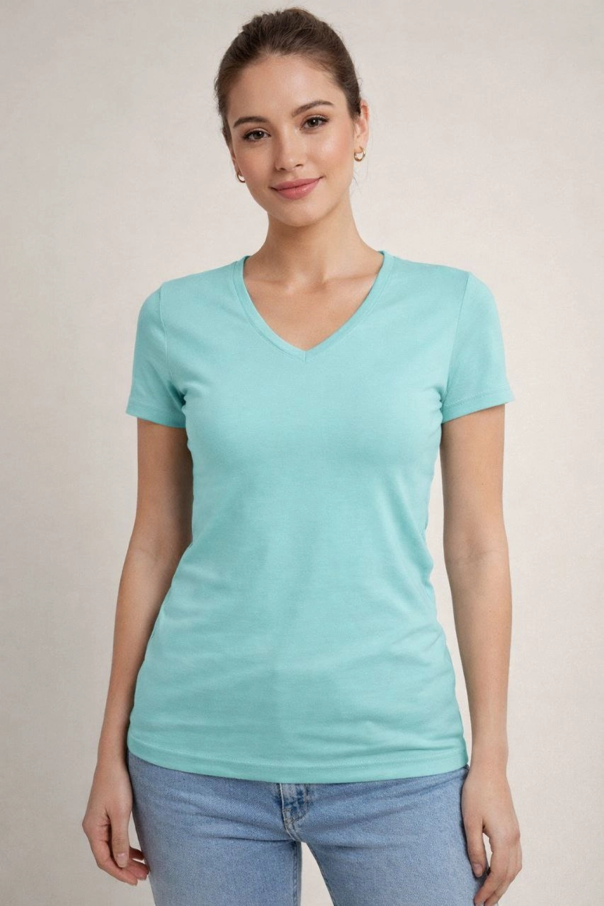 Kadın T-Shirt V Yaka Slim Fit Likralı Tişört Günlük Basic Body - Turkuvaz
