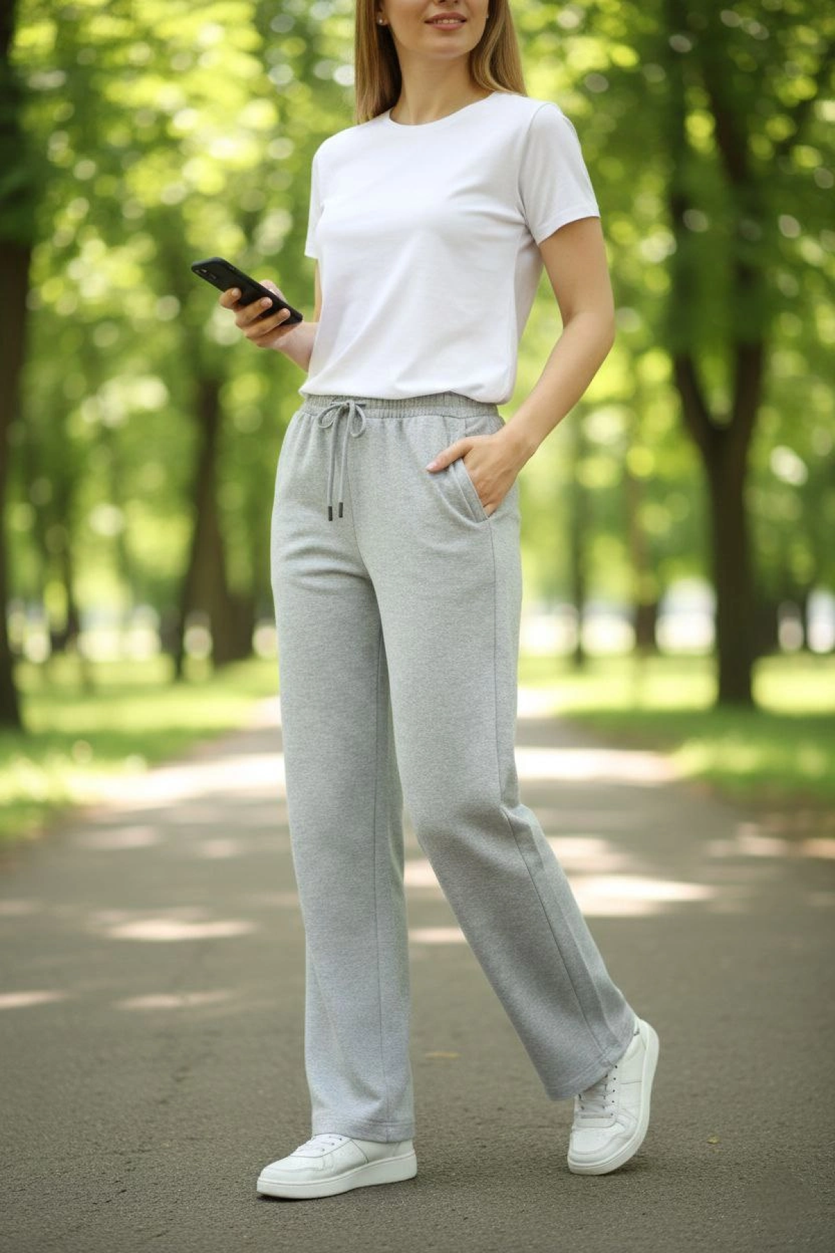 Kadın Düz Paça Beli Lastikli İpli Günlük Spor Eşofman Altı Rahat Fit - Gri