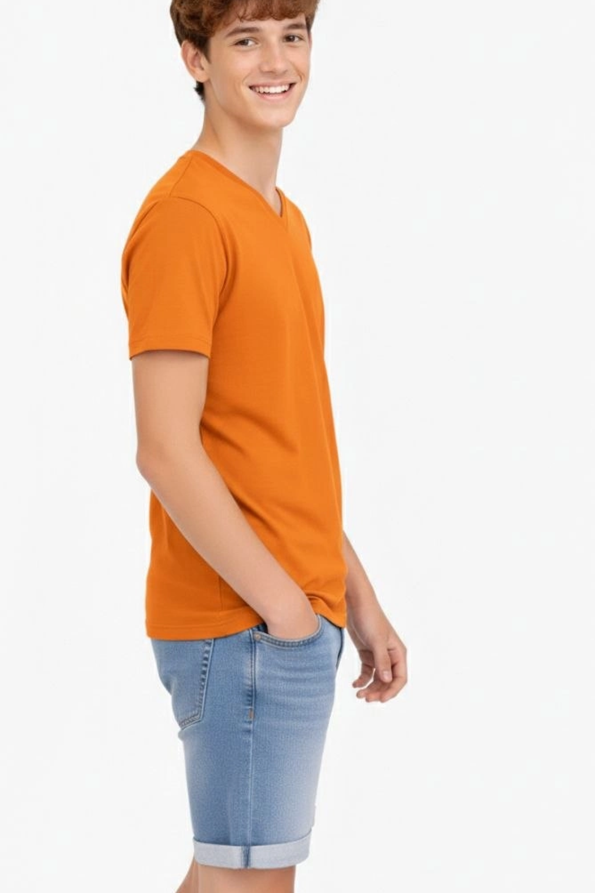 Genç Erkek Çocuk V Yaka Tişört Yazlık Model Günlük Basic Body - Turuncu
