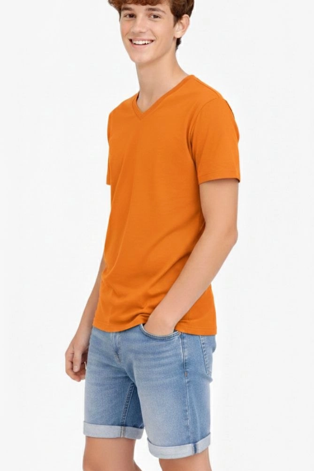 Genç Erkek Çocuk V Yaka Tişört Yazlık Model Günlük Basic Body - Turuncu