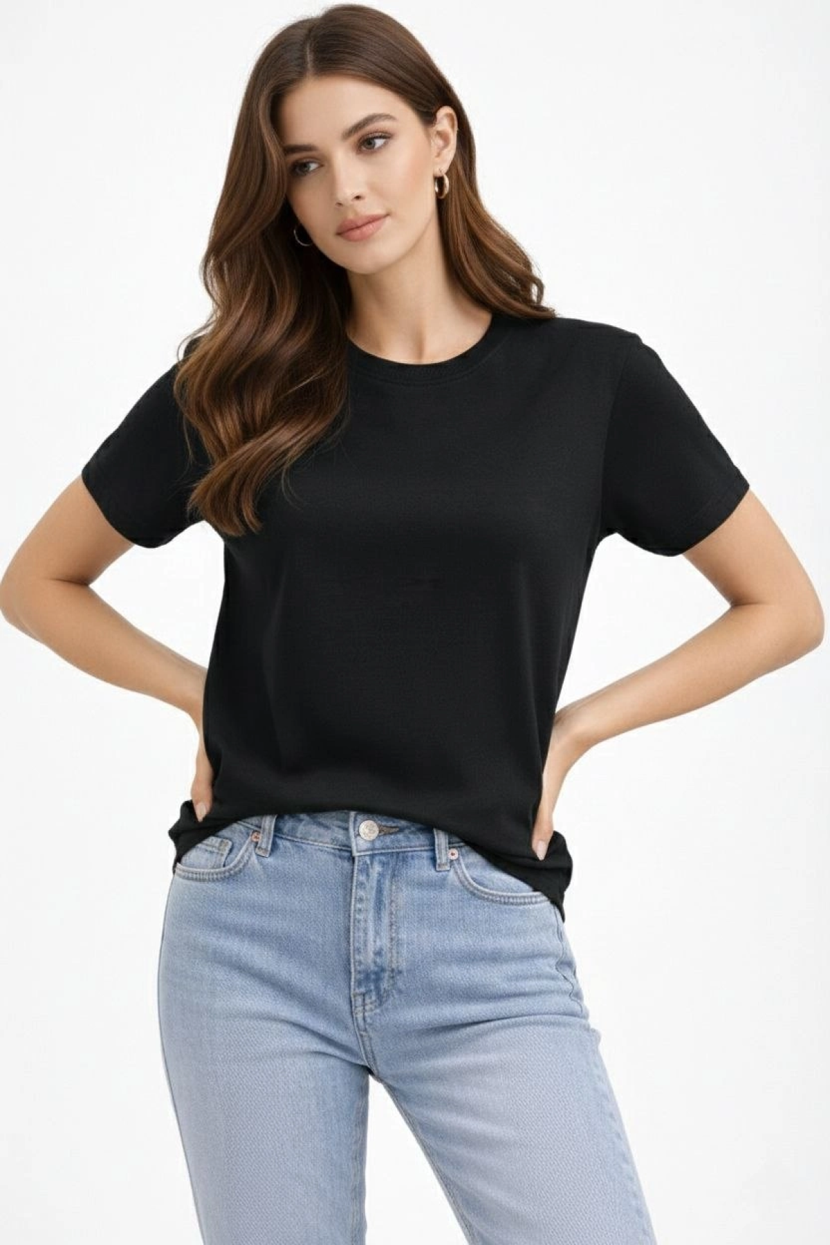 Kadın Bisiklet Yaka Tişört Regular Kalıp Basic Pamuklu Günlük Kullanım T-shirt - Siyah