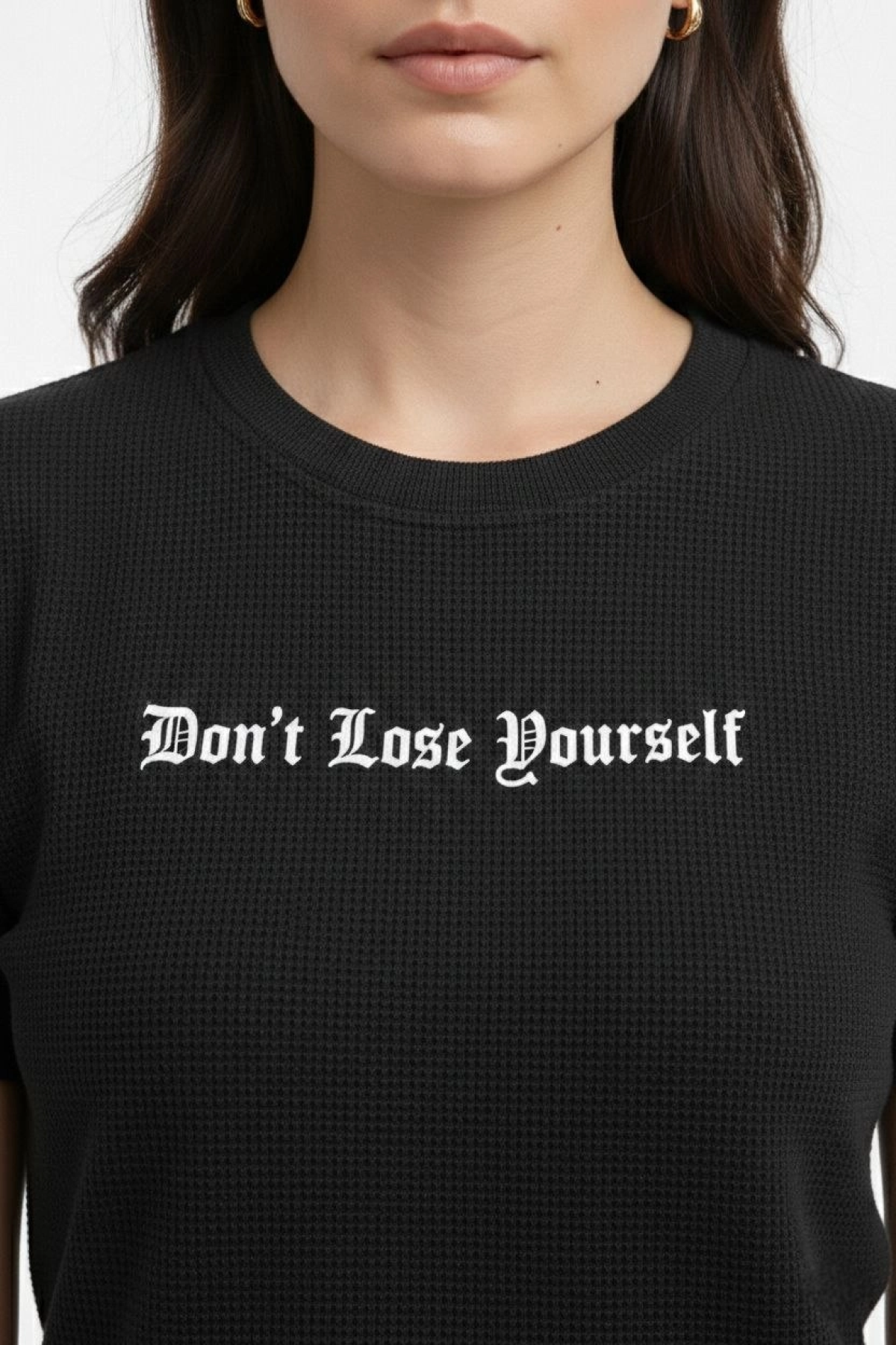 Kadın Wafıl Kumaş Tişört Regular Kalıp Bisiklet Yaka Baskılı Günlük Basic T-Shirt - Siyah