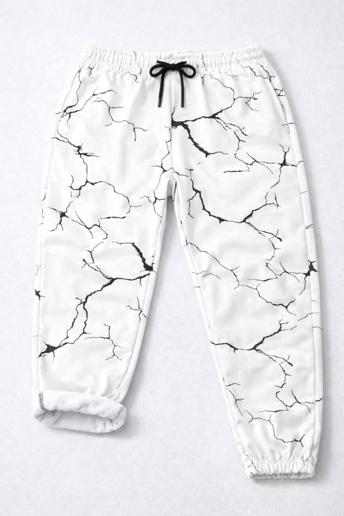 Kadın Dijital Baskılı Eşofman Altı Kışlık Üç İplik Şardonlu Kumaş Lastikli Paça, Cepli, Rahat Kalıp - Beyaz