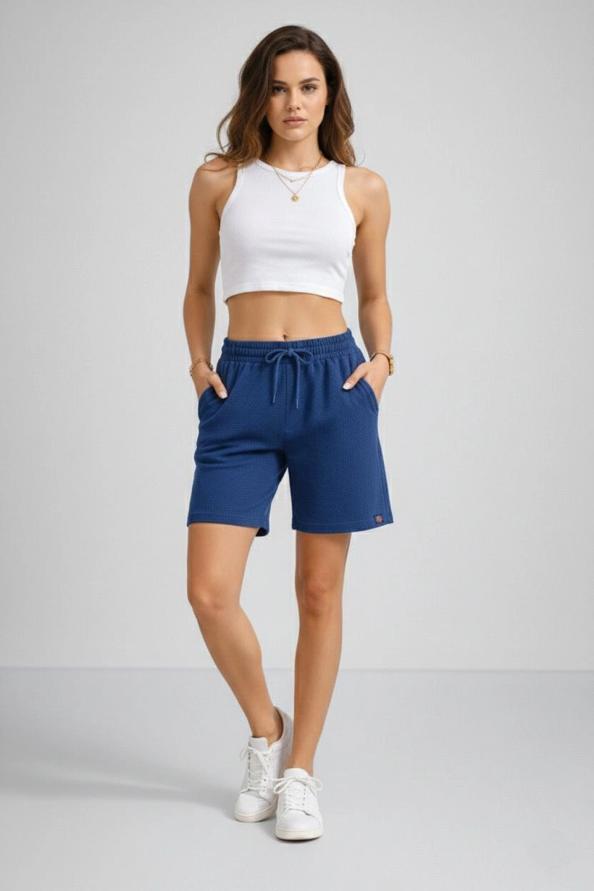 Kadın Dokuma otoban Şort Beli Lastikli Bağcıklı, Cepli, Rahat Kesim Günlük Yazlık Şort - İndigo