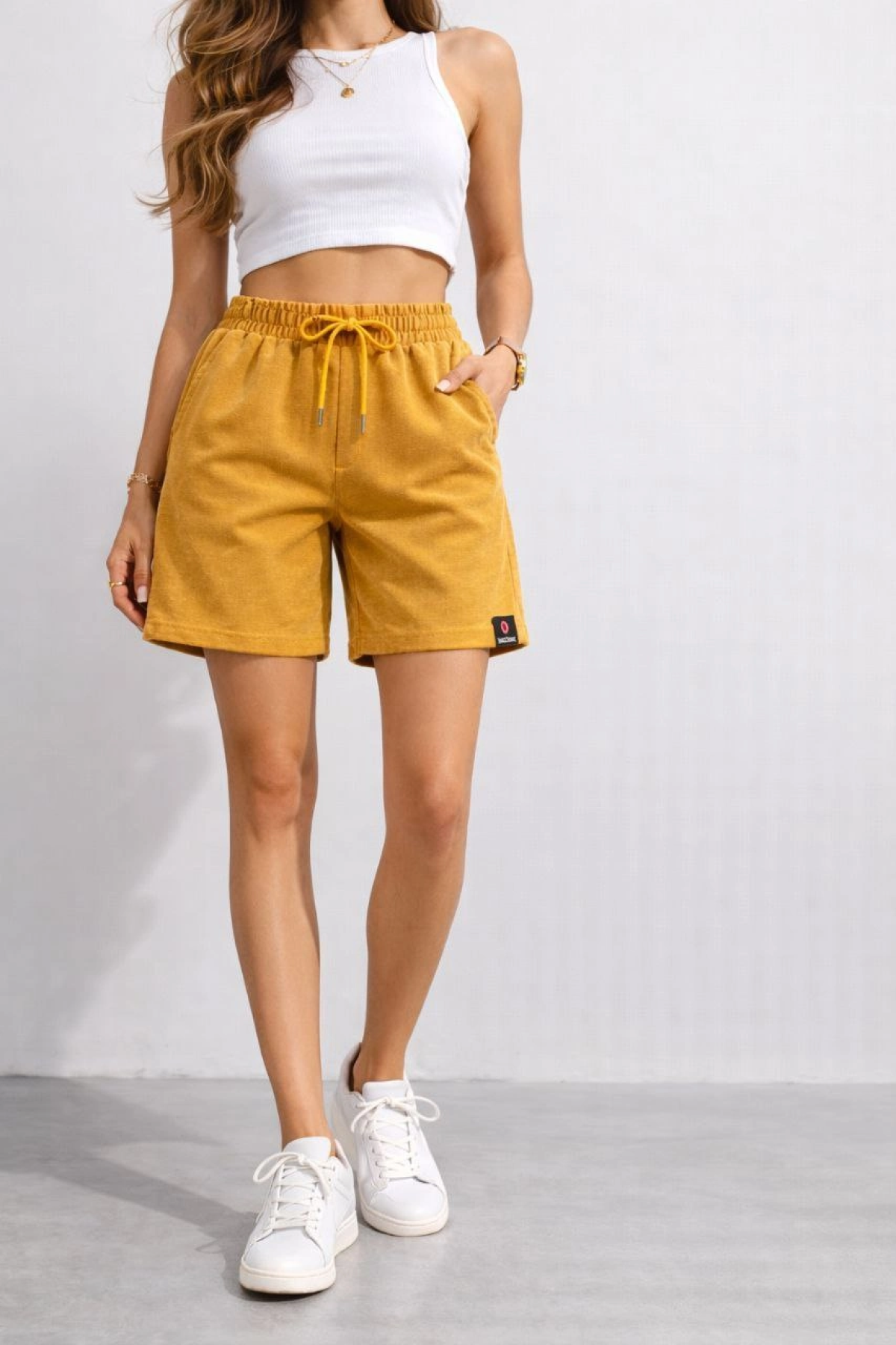 Kadın Dokuma otoban Şort Beli Lastikli Bağcıklı, Cepli, Rahat Kesim Günlük Yazlık Şort - Hardal