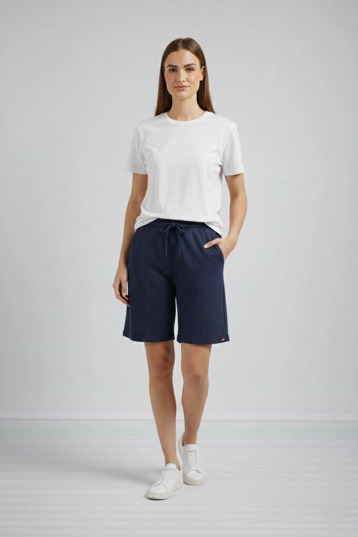 Kadın Dokuma otoban Şort Beli Lastikli Bağcıklı, Cepli, Rahat Kesim Günlük Yazlık Şort - Lacivert