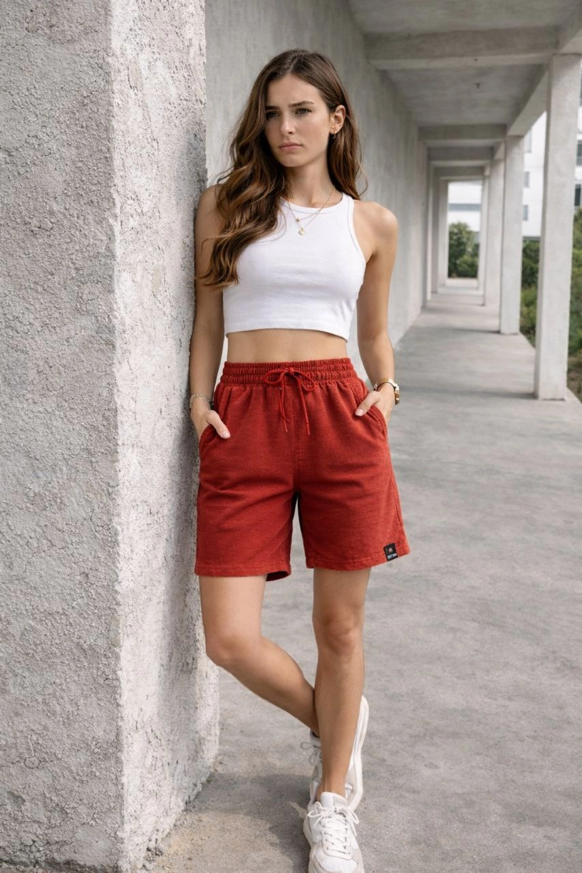 Kadın Dokuma otoban Şort Beli Lastikli Bağcıklı, Cepli, Rahat Kesim Günlük Yazlık Şort - Turuncu