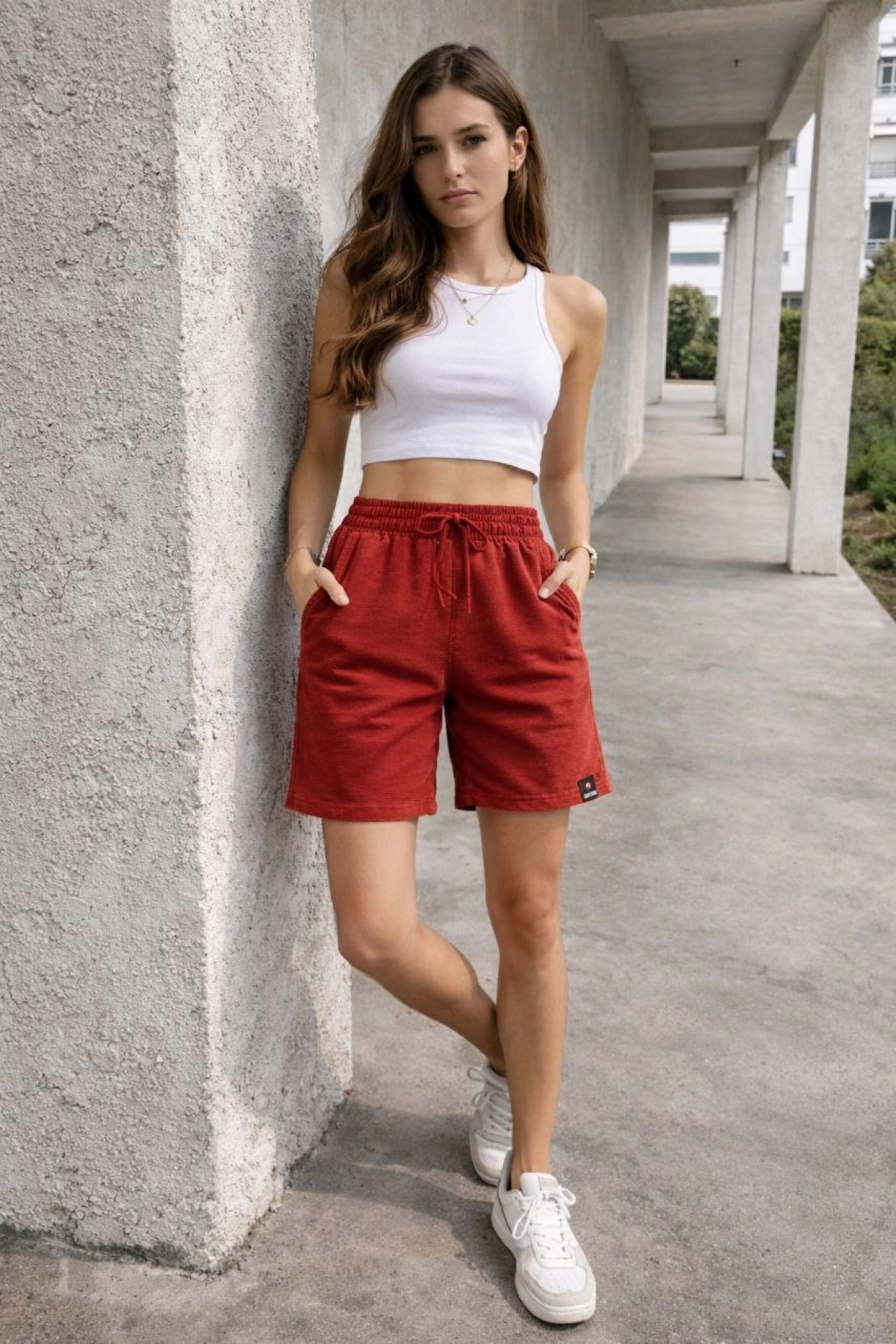 Kadın Dokuma otoban Şort Beli Lastikli Bağcıklı, Cepli, Rahat Kesim Günlük Yazlık Şort - Turuncu