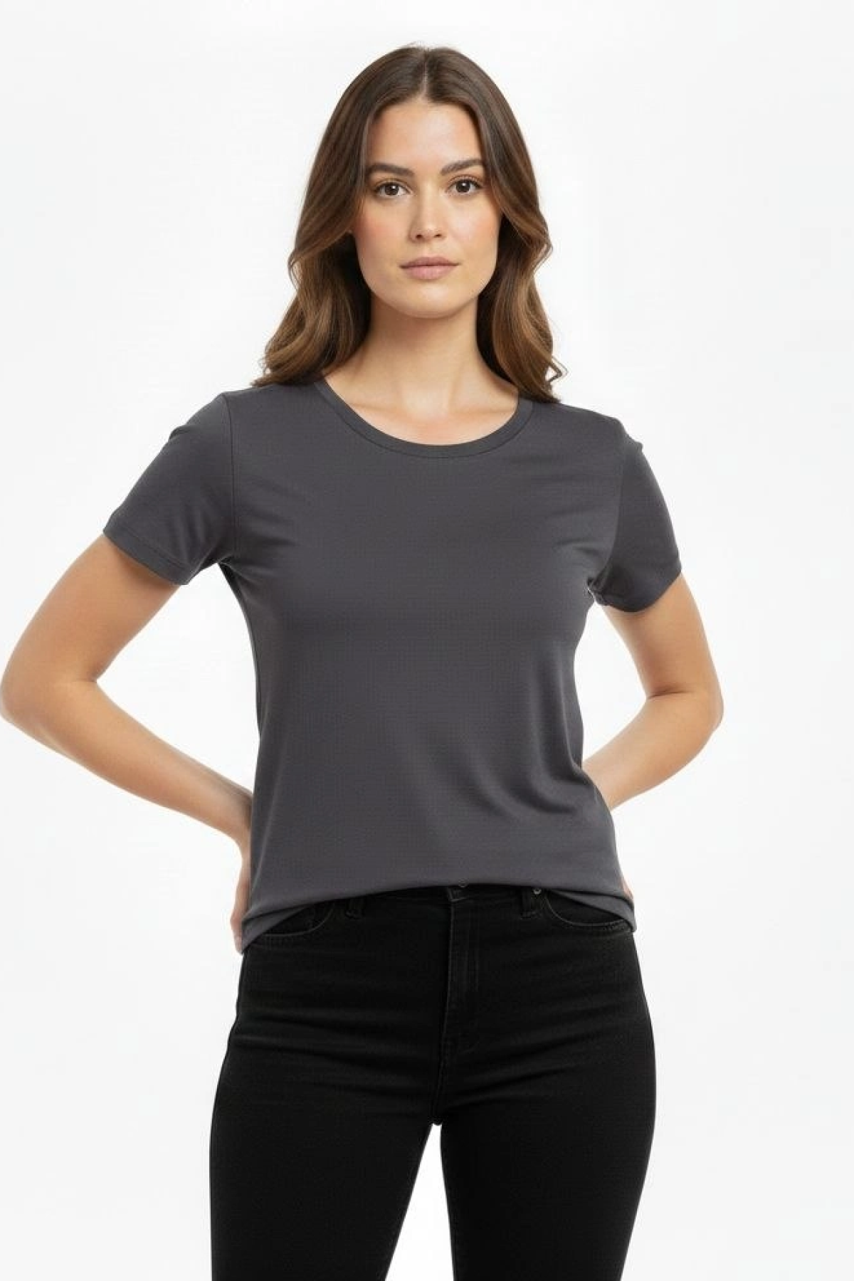 Kadın T-Shirt Bisiklet Yaka Slim Fit Likralı Tişört Günlük Basic Body - Füme