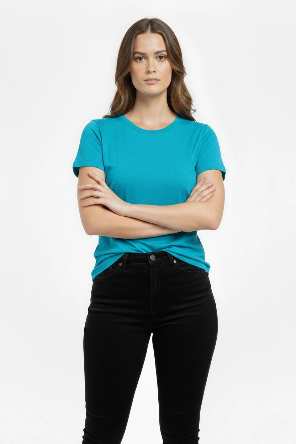 Kadın T-Shirt Bisiklet Yaka Slim Fit Likralı Tişört Günlük Basic Body - Turkuvaz