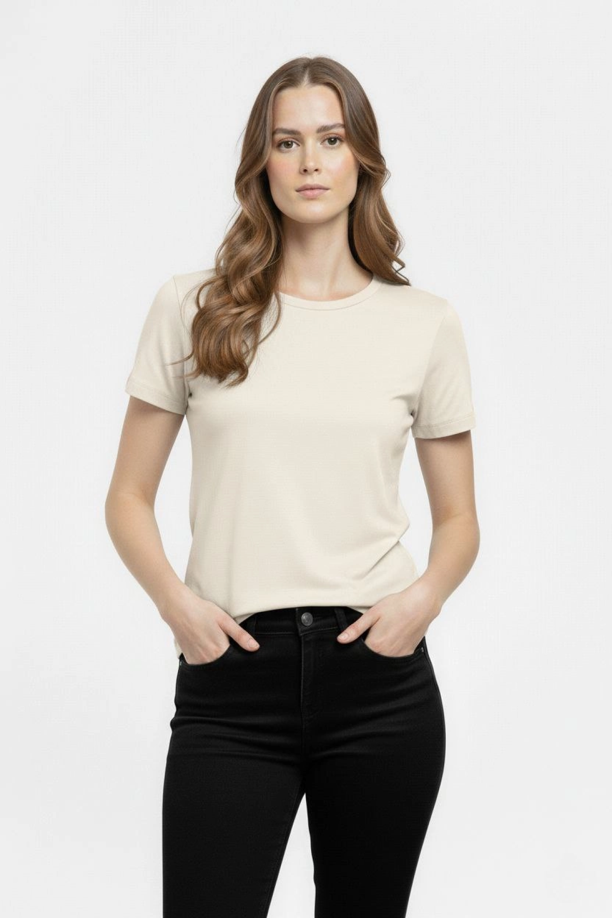 Kadın T-Shirt Bisiklet Yaka Slim Fit Likralı Tişört Günlük Basic Body - Taş