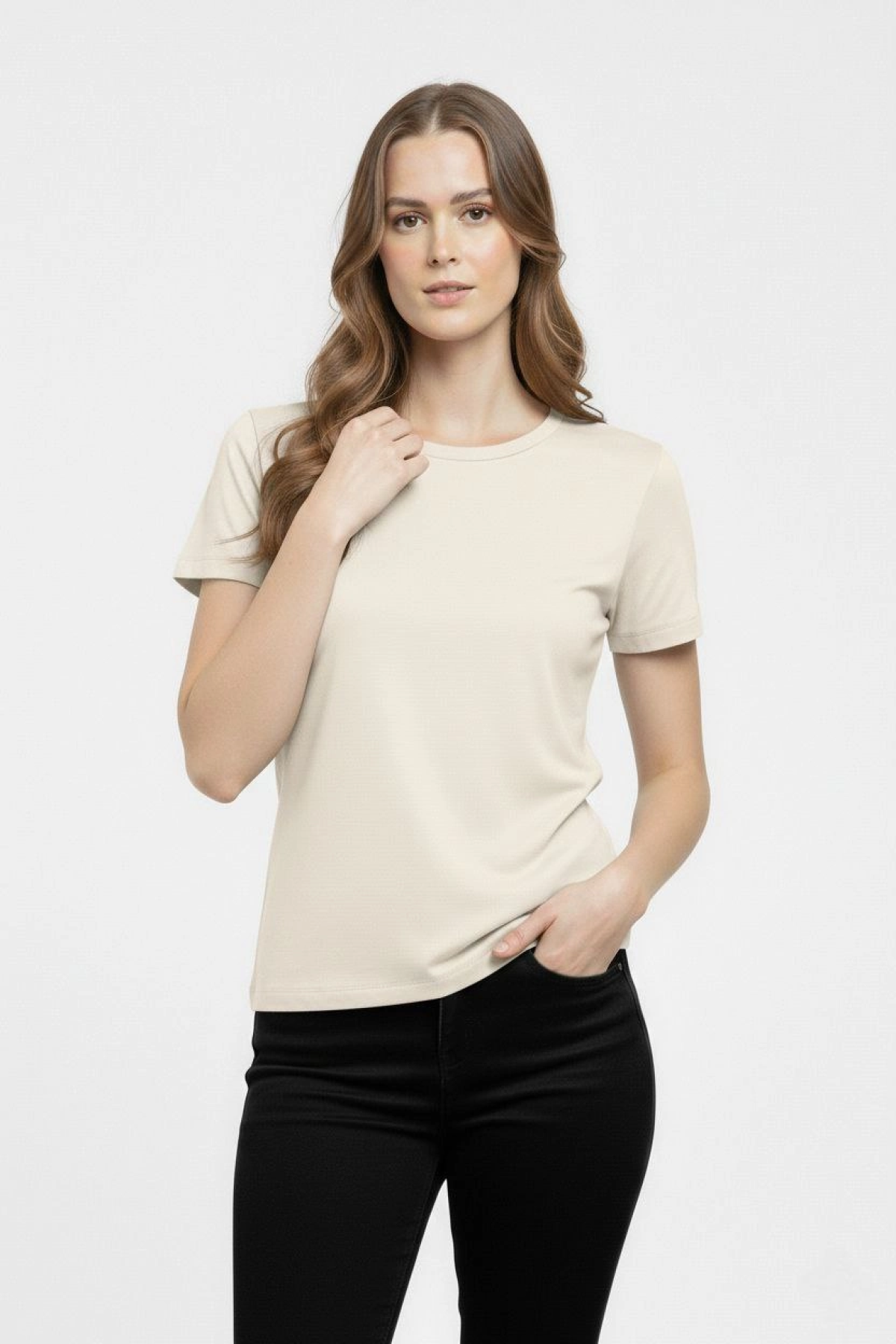 Kadın T-Shirt Bisiklet Yaka Slim Fit Likralı Tişört Günlük Basic Body - Taş