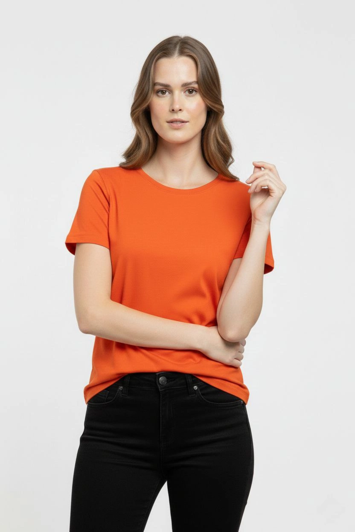 Kadın T-Shirt Bisiklet Yaka Slim Fit Likralı Tişört Günlük Basic Body - Turuncu