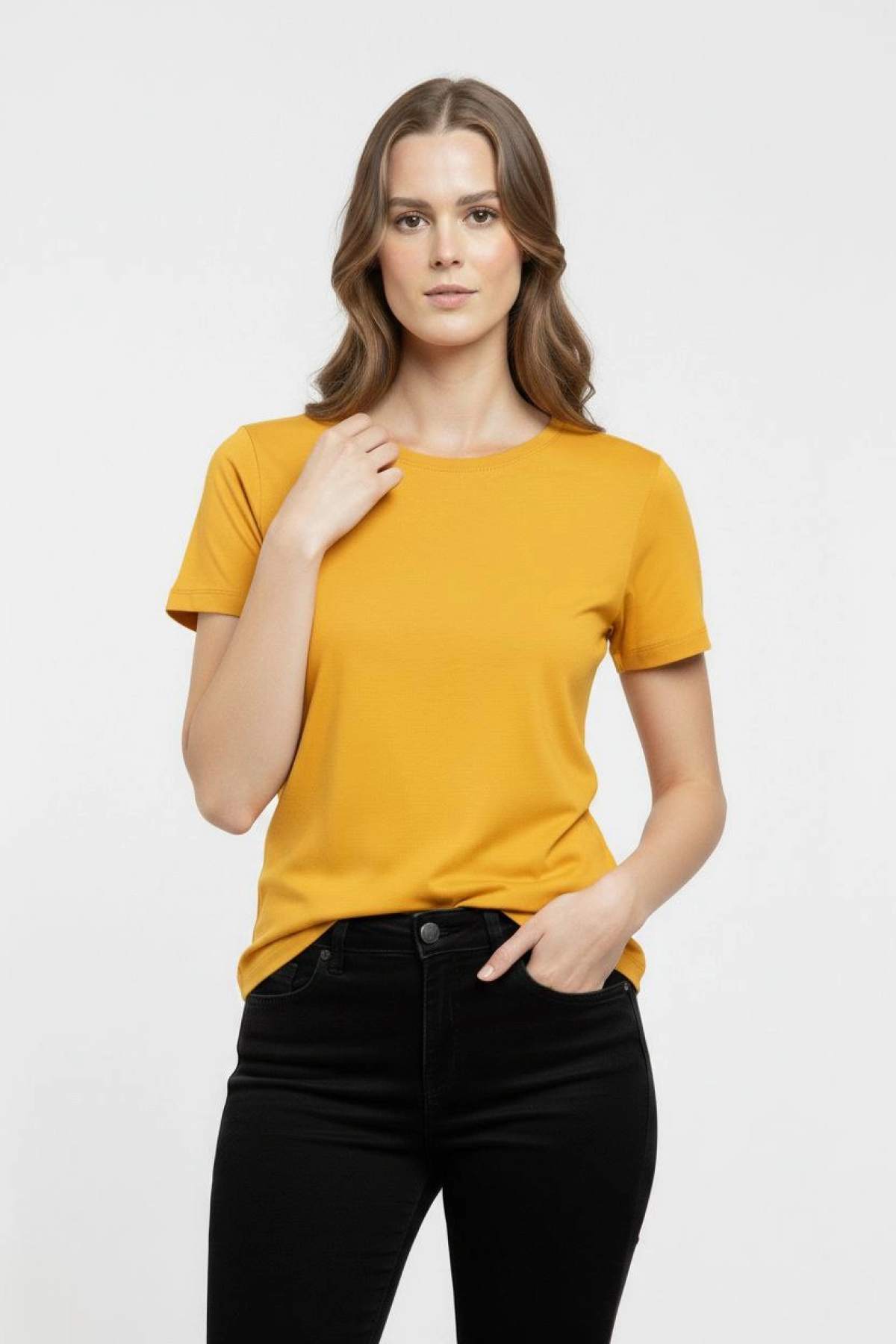 Kadın T-Shirt Bisiklet Yaka Slim Fit Likralı Tişört Günlük Basic Body - Sarı