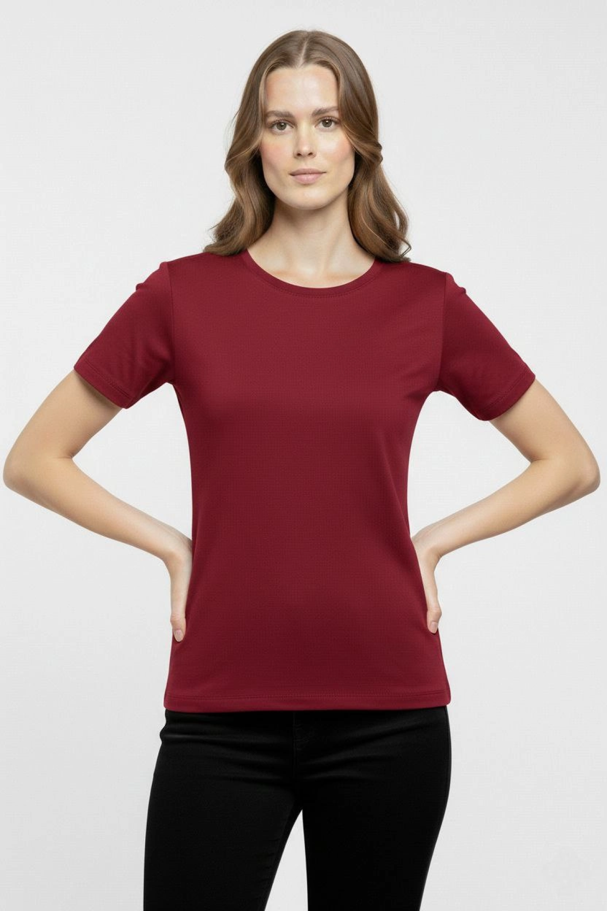 Kadın T-Shirt Bisiklet Yaka Slim Fit Likralı Tişört Günlük Basic Body - Bordo