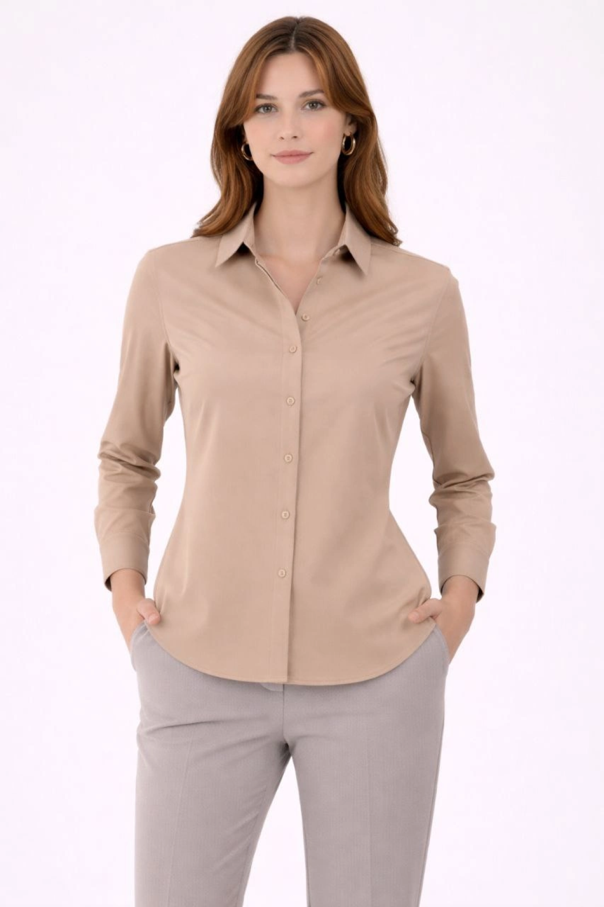 Kadın Uzun Kollu Gömlek Düğmeli Klasik Yaka Günlük ve Ofis Şıklığına uygun - Bej