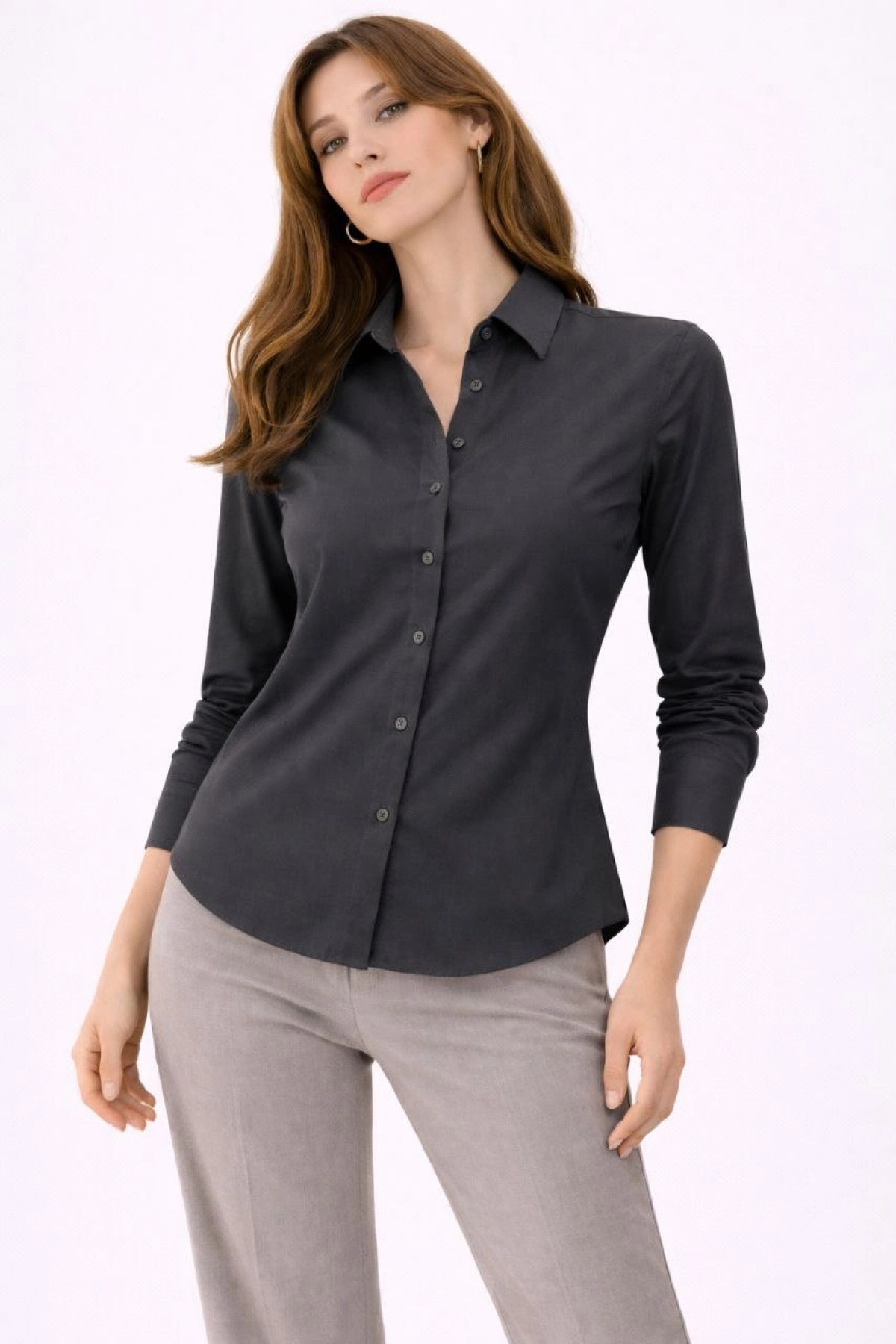 Kadın Uzun Kollu Gömlek Düğmeli Klasik Yaka Günlük ve Ofis Şıklığına uygun - Füme