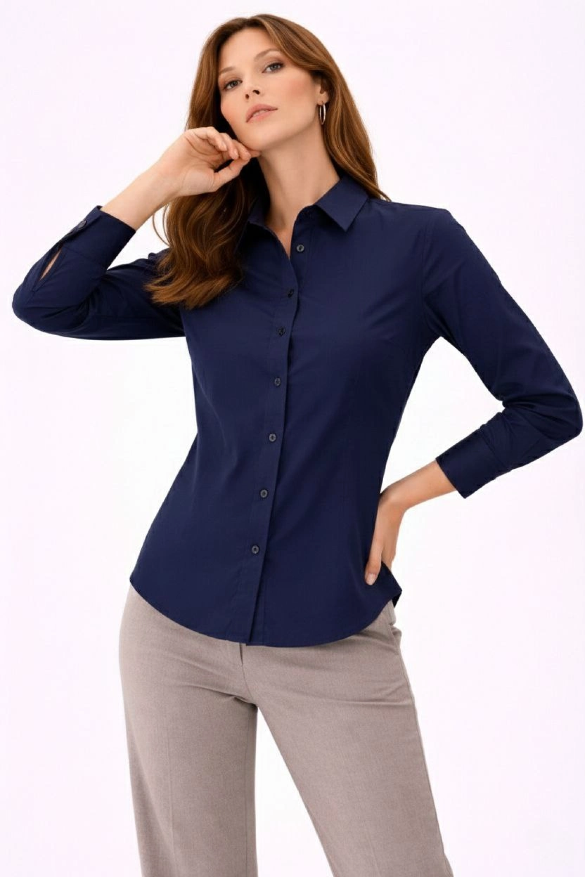Kadın Uzun Kollu Gömlek Düğmeli Klasik Yaka Günlük ve Ofis Şıklığına uygun - Lacivert