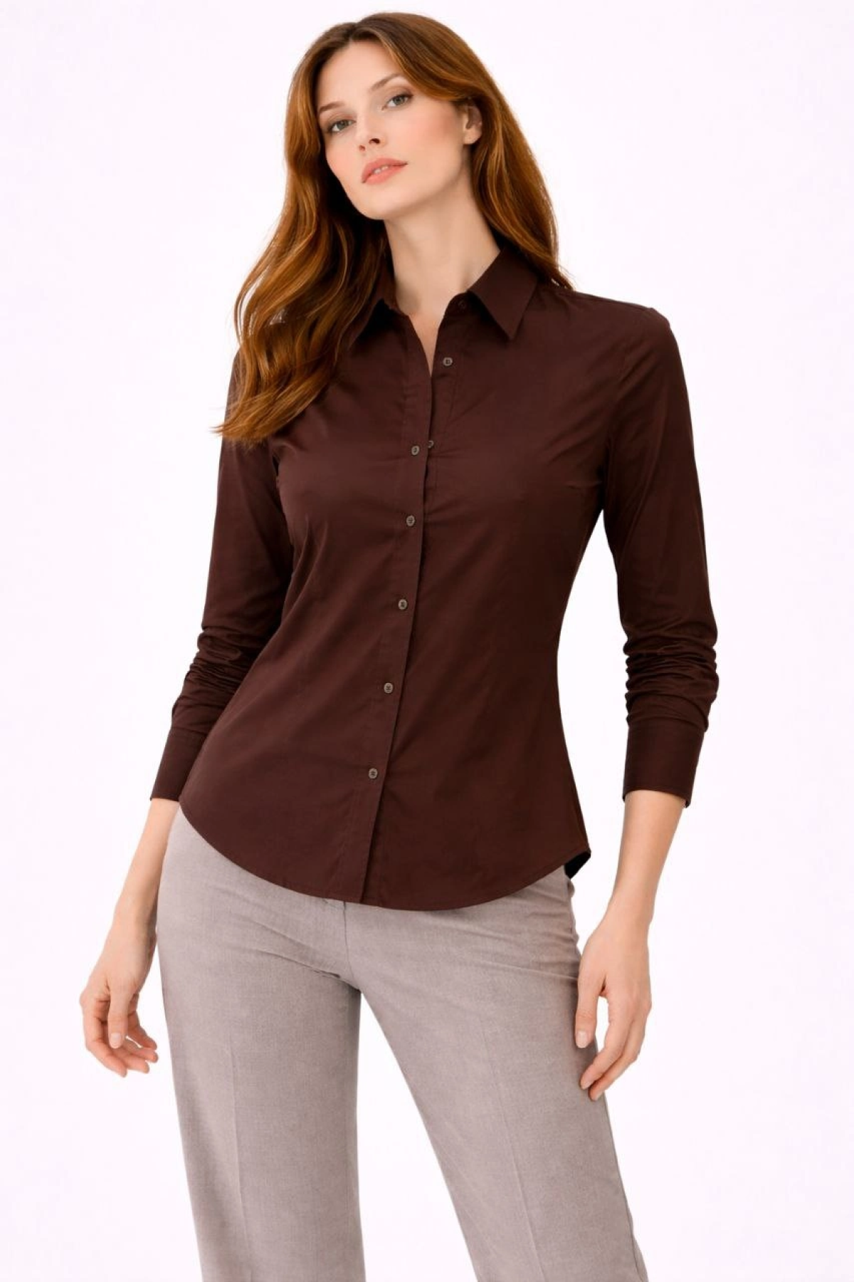 Kadın Uzun Kollu Gömlek Düğmeli Klasik Yaka Günlük ve Ofis Şıklığına uygun - Kahverengi