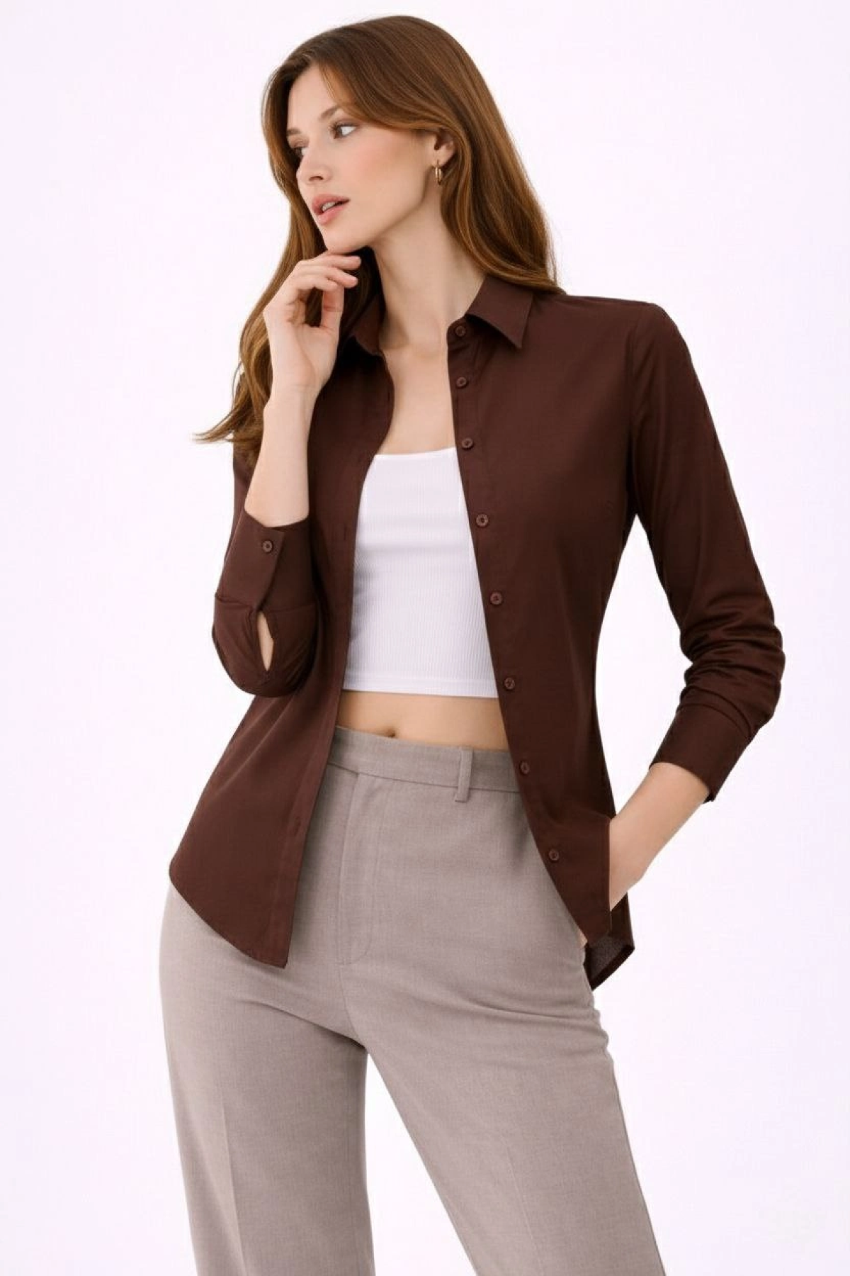 Kadın Uzun Kollu Gömlek Düğmeli Klasik Yaka Günlük ve Ofis Şıklığına uygun - Kahverengi