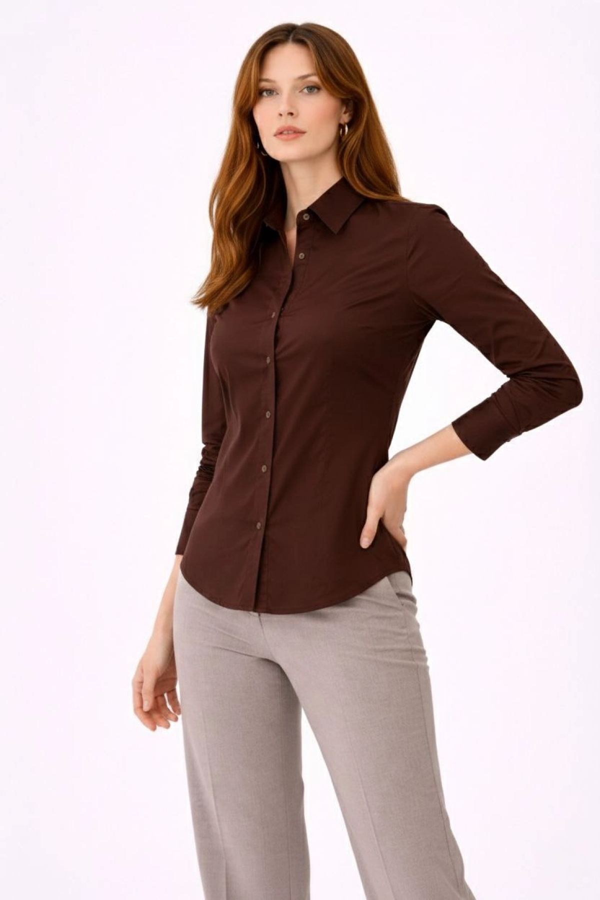 Kadın Uzun Kollu Gömlek Düğmeli Klasik Yaka Günlük ve Ofis Şıklığına uygun - Kahverengi