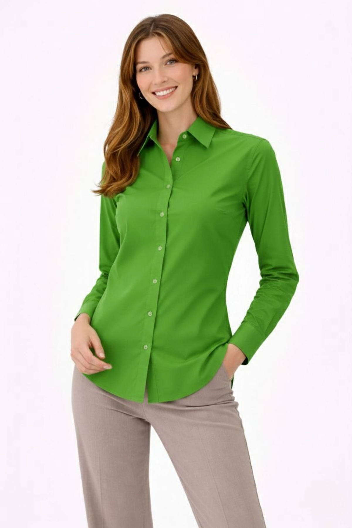 Kadın Uzun Kollu Gömlek Düğmeli Klasik Yaka Günlük ve Ofis Şıklığına uygun - Yeşil