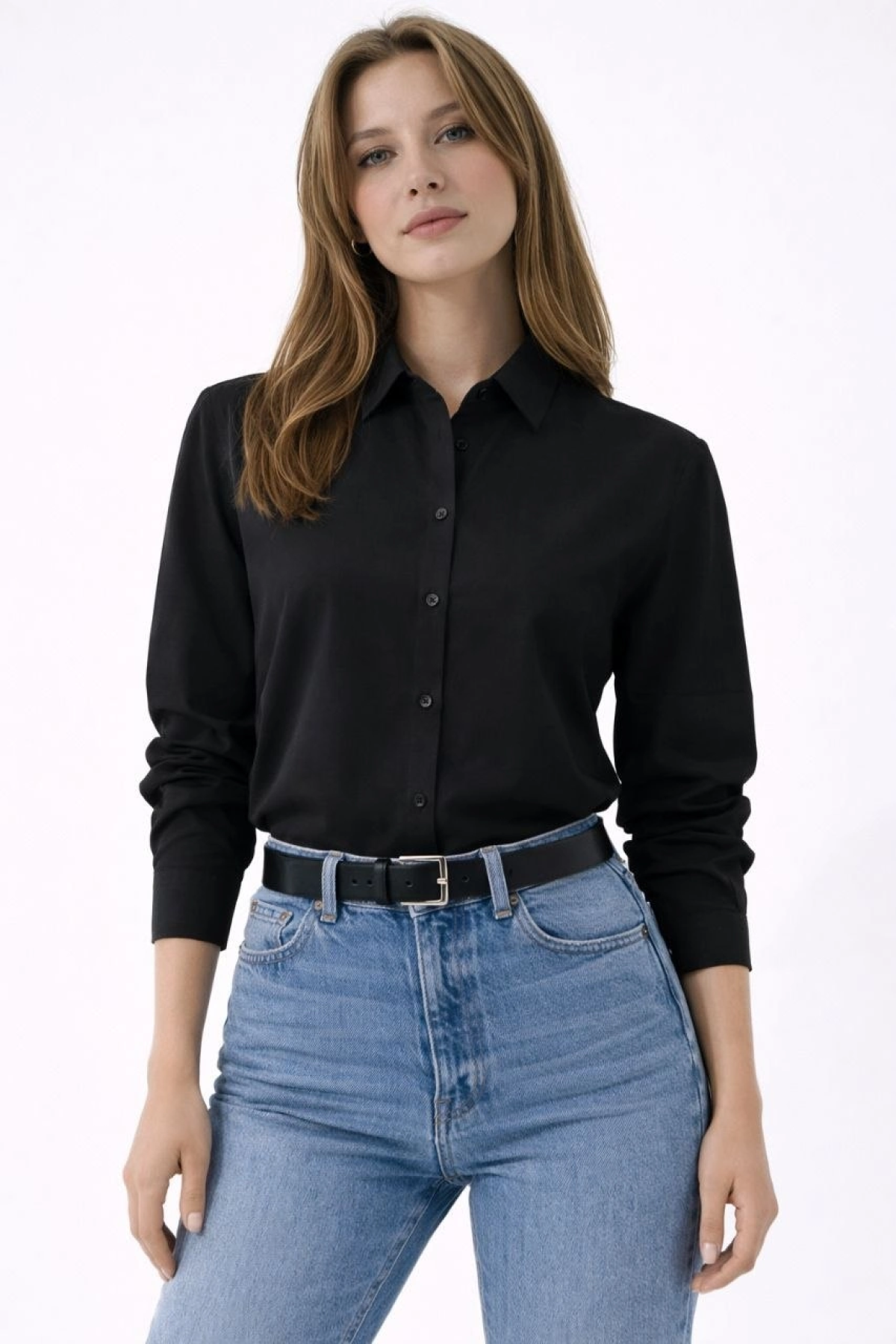 Kadın Uzun Kollu Gömlek Düğmeli Klasik Yaka Günlük ve Ofis Şıklığına uygun - Siyah
