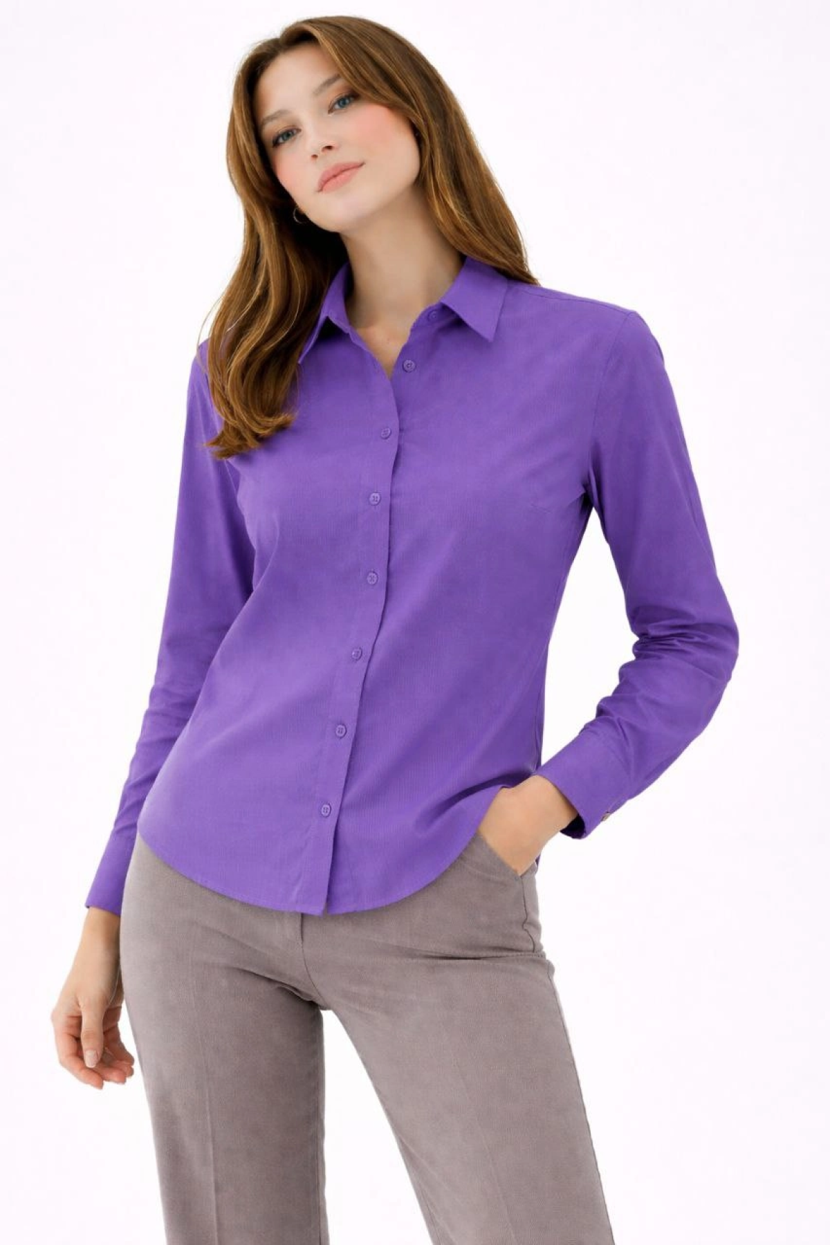 Kadın Uzun Kollu Gömlek Düğmeli Klasik Yaka Günlük ve Ofis Şıklığına uygun - Mor